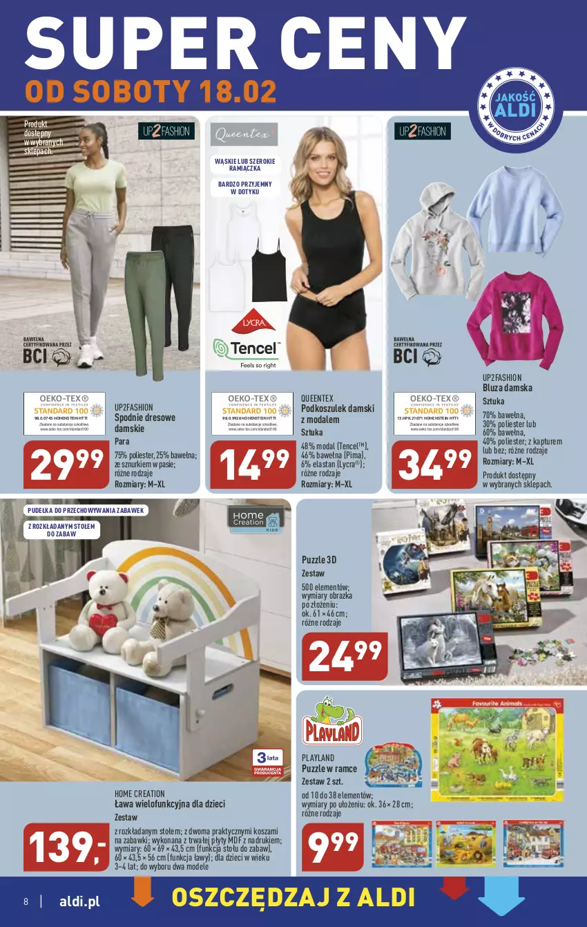 Gazetka promocyjna Aldi - COŚ na przyszły tydzień - ważna 15.02 do 18.02.2023 - strona 8 - produkty: Bluza, Dres, Dzieci, Fa, HP, Kosz, Moda, Obraz, Podkoszulek, Puzzle, Queentex, Spodnie, Spodnie dresowe, Wełna