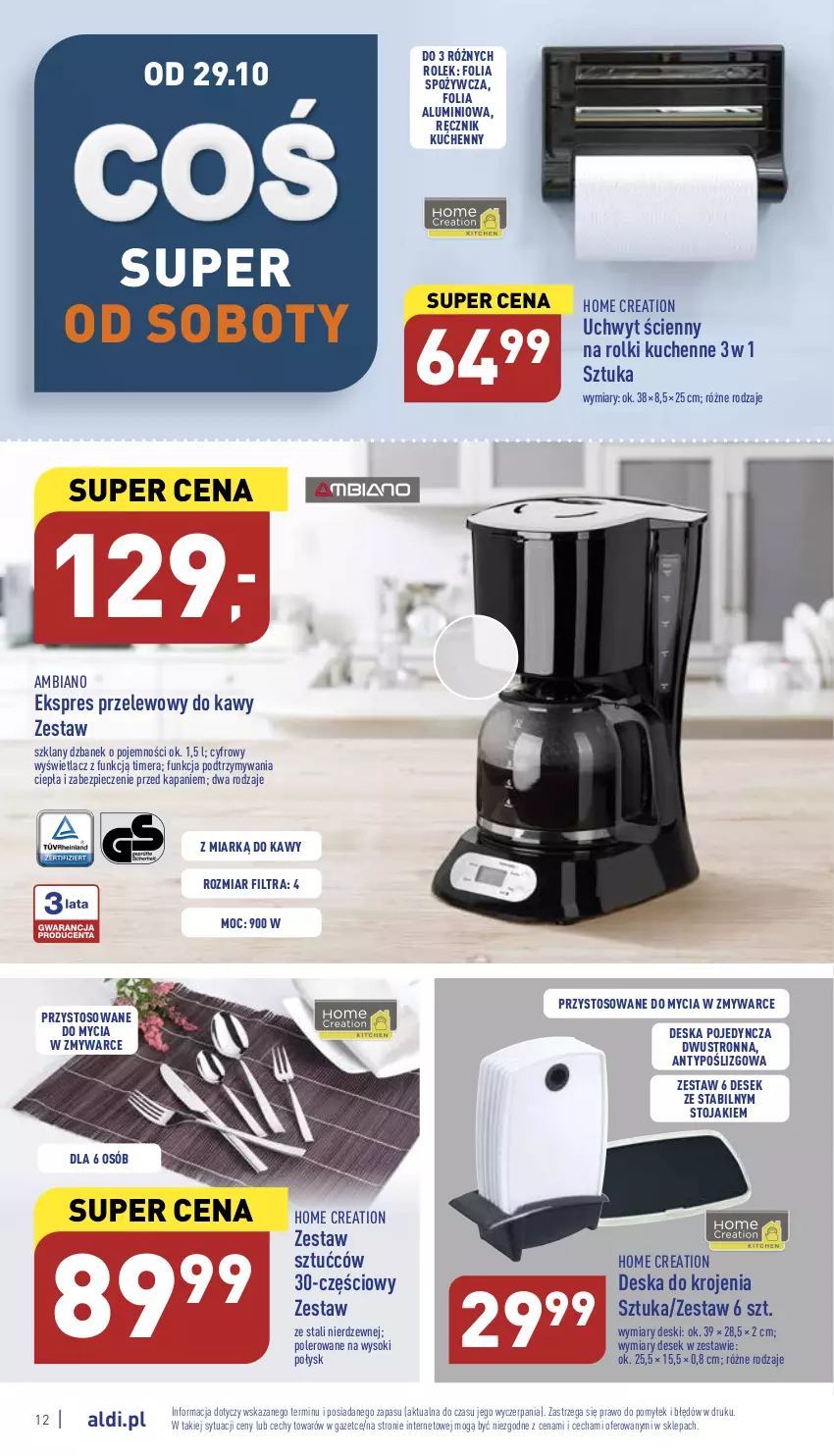 Gazetka promocyjna Aldi - Zaplanuj zakupy wcześniej - ważna 26.10 do 29.10.2022 - strona 12 - produkty: Deska do krojenia, Dzbanek, Ekspres przelewowy, Folia aluminiowa, Piec, Ręcznik, Ręcznik kuchenny, Rolki, Rolki kuchenne, Sok, Stojak, Zestaw sztućców