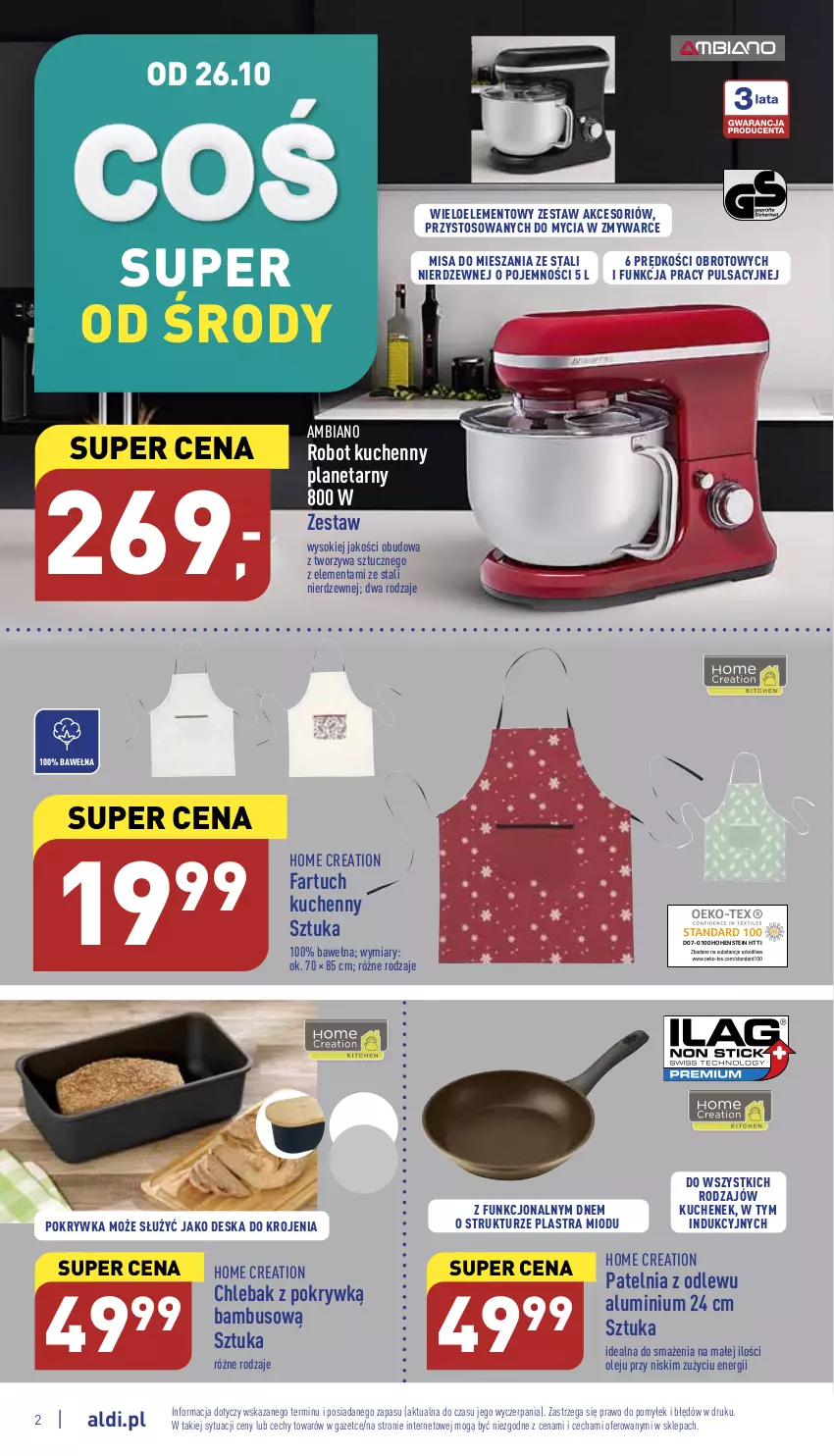 Gazetka promocyjna Aldi - Zaplanuj zakupy wcześniej - ważna 26.10 do 29.10.2022 - strona 2 - produkty: Chleb, Chlebak, Deska do krojenia, Fa, Fartuch kuchenny, Olej, Patelnia, Robot, Sok, Wełna