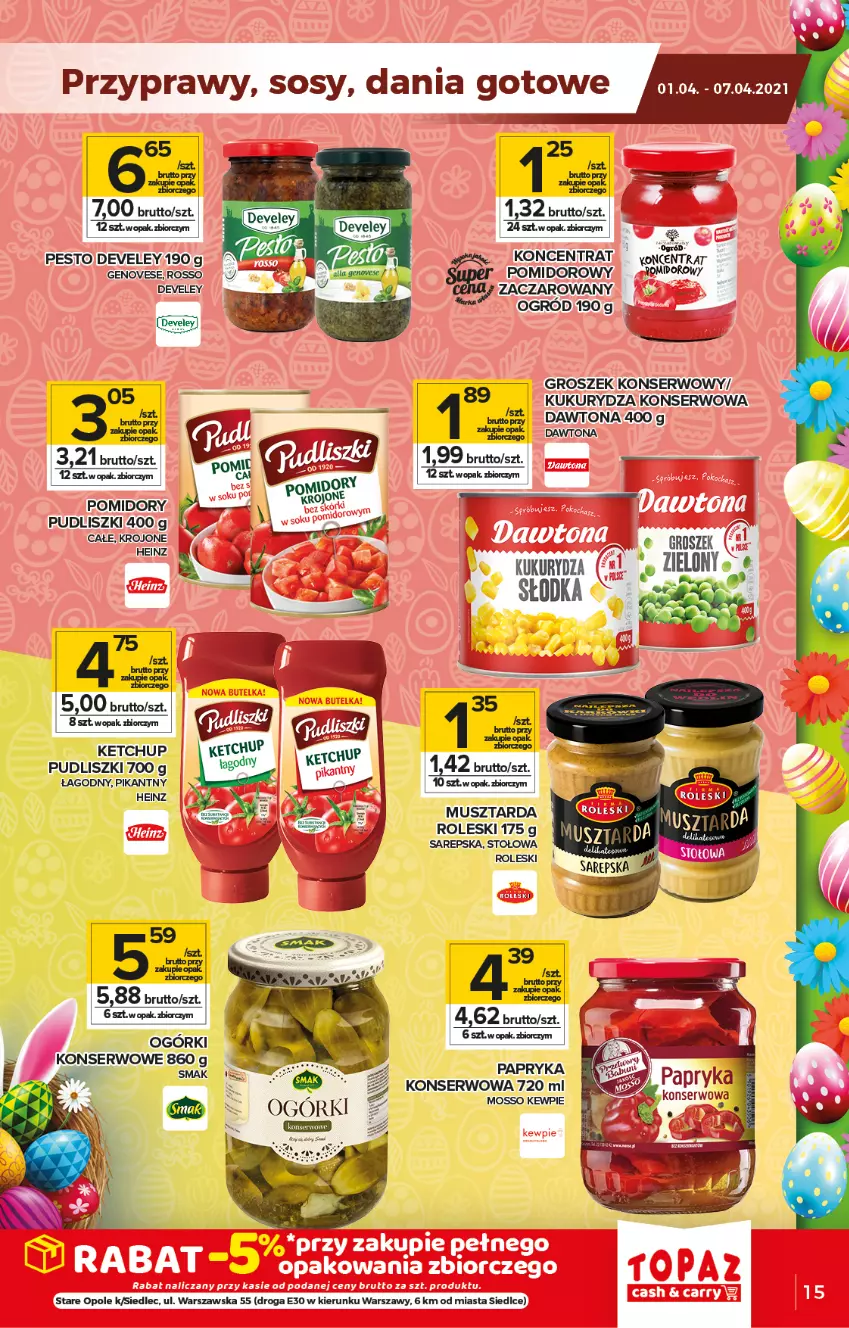 Gazetka promocyjna Topaz - Gazetka - ważna 01.04 do 07.04.2021 - strona 15 - produkty: Dania gotowe, Dawtona, Groszek, Heinz, Ketchup, Kukurydza, Mus, Musztarda, Ogórki konserwowe, Ogród, Papryka, Pesto, Pomidory, Por, Pudliszki, Ser, Sos