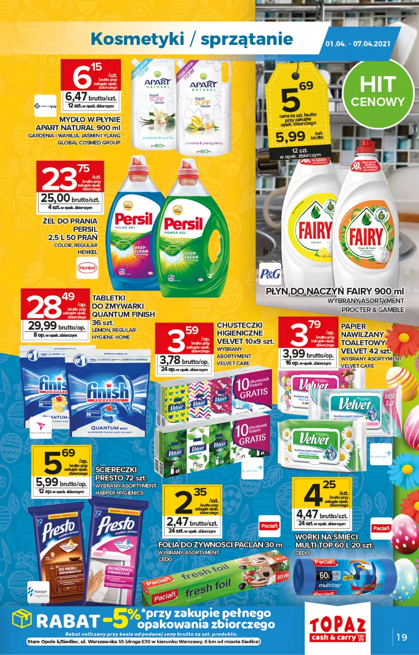 Gazetka promocyjna Topaz - Gazetka - ważna 01.04 do 07.04.2021 - strona 19 - produkty: Chusteczki, Fa, Fairy, Finish, Mydło, Mydło w płynie, Papier, Persil, Presto, Tablet, Top, Velvet, Worki na śmiec, Worki na śmieci