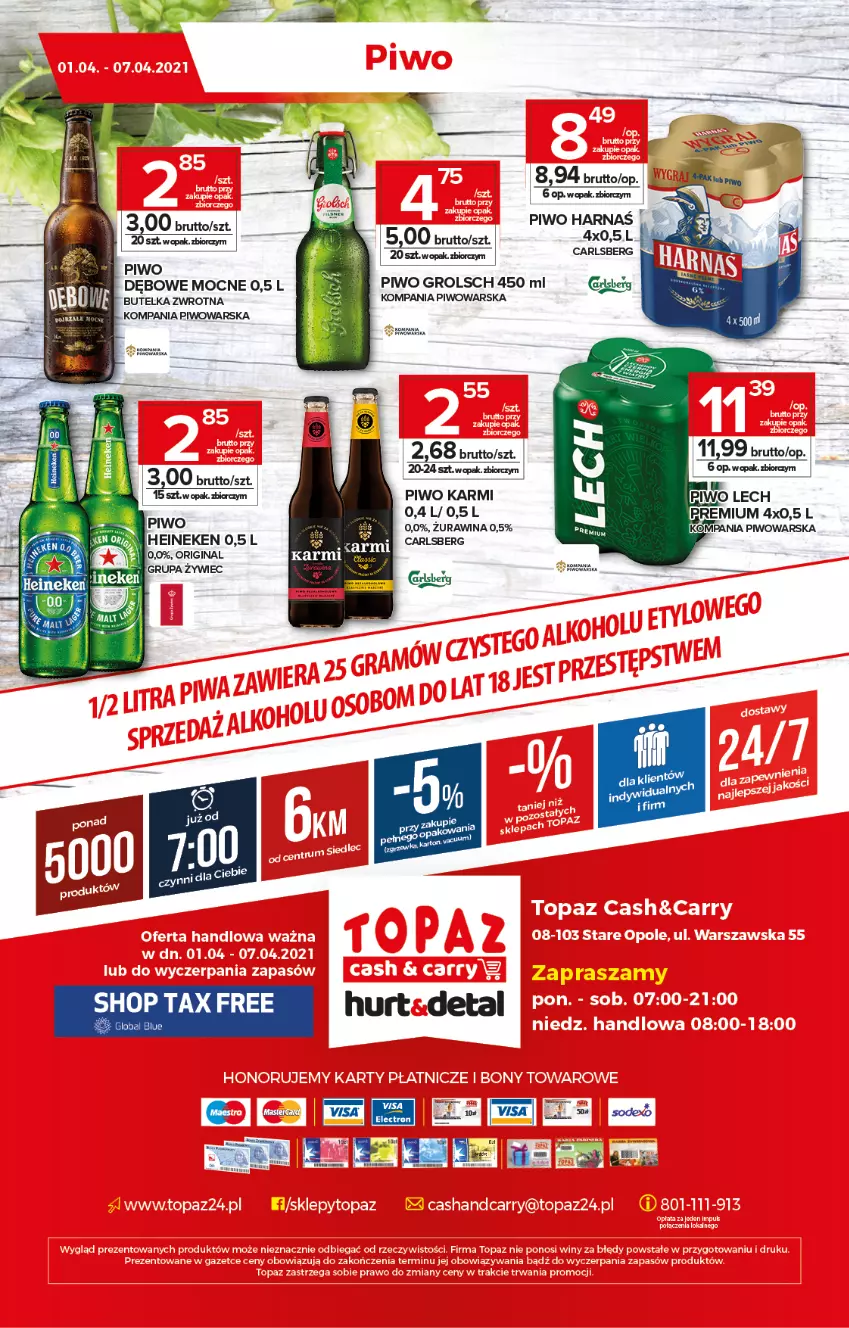 Gazetka promocyjna Topaz - Gazetka - ważna 01.04 do 07.04.2021 - strona 20 - produkty: Carlsberg, Gin, Harnaś, Heineken, Karmi, Lech Premium, Piwo