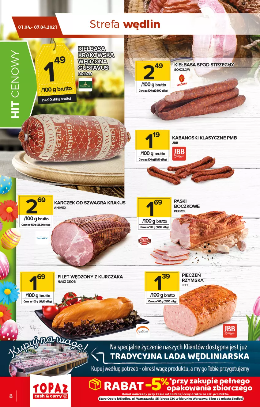 Gazetka promocyjna Topaz - Gazetka - ważna 01.04 do 07.04.2021 - strona 8 - produkty: Drób, Gra, Kabanos, Kiełbasa, Kiełbasa krakowska, Krakus, Kurczak, Pekpol, Piec, Sok, Sokołów