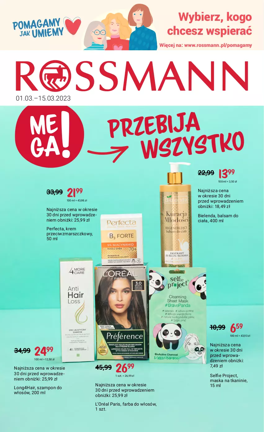 Gazetka promocyjna Rossmann - 1 marca - ważna 01.03 do 15.03.2023 - strona 1 - produkty: Balsam do ciała, Bielenda, Fa, Farba do włosów, Krem przeciwzmarszczkowy, L’Oréal, Mars, Maska, Perfecta, Szampon