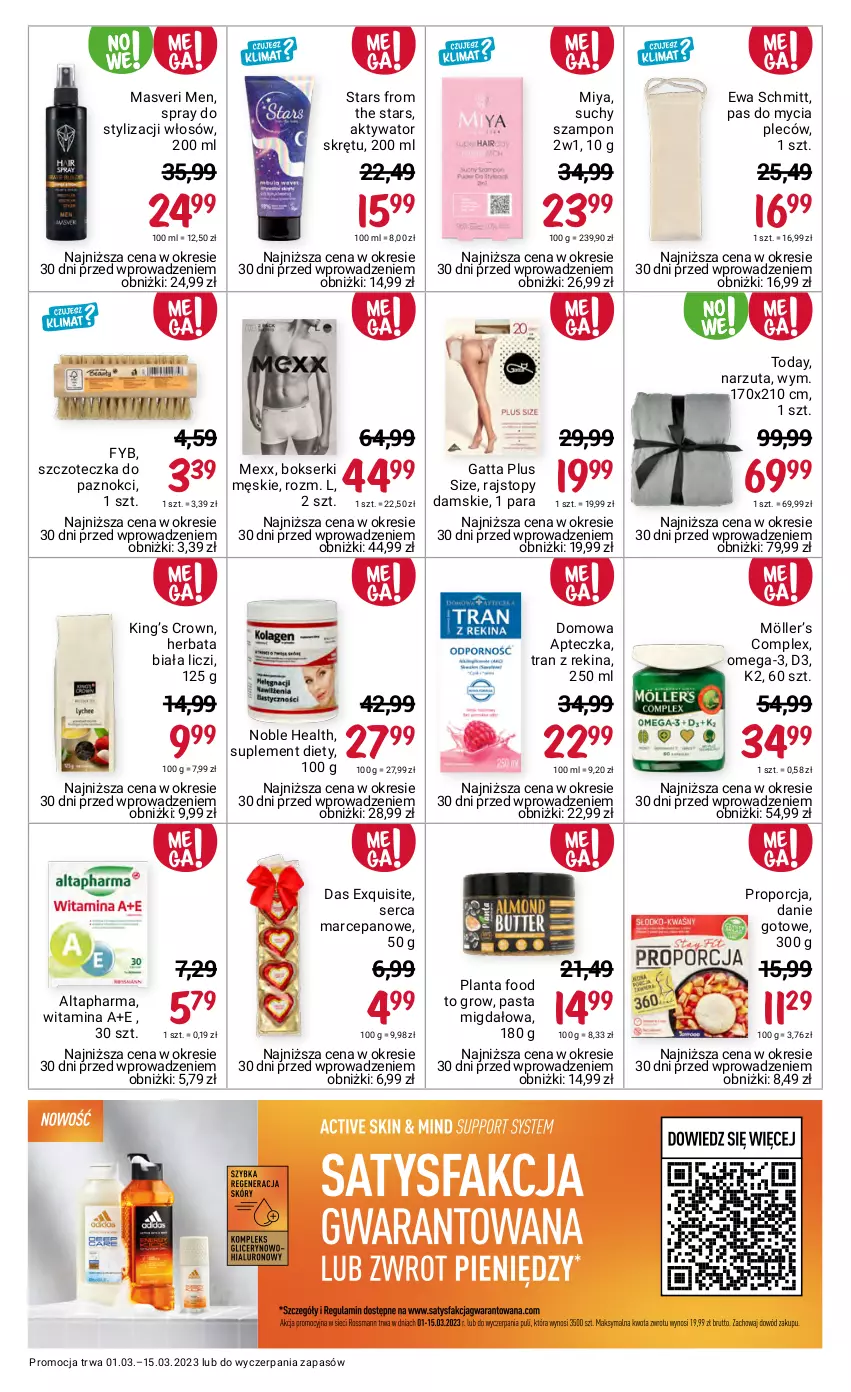 Gazetka promocyjna Rossmann - 1 marca - ważna 01.03 do 15.03.2023 - strona 14 - produkty: Bokserki, Danie gotowe, Ewa Schmitt, Exquisite, Gatta, Herbata, K2, King’s Crown, Liczi, Mexx, Narzuta, Omega-3, Por, Rajstopy, Ser, Suchy szampon, Suplement diety, Szampon, Szczoteczka, Top, Tran