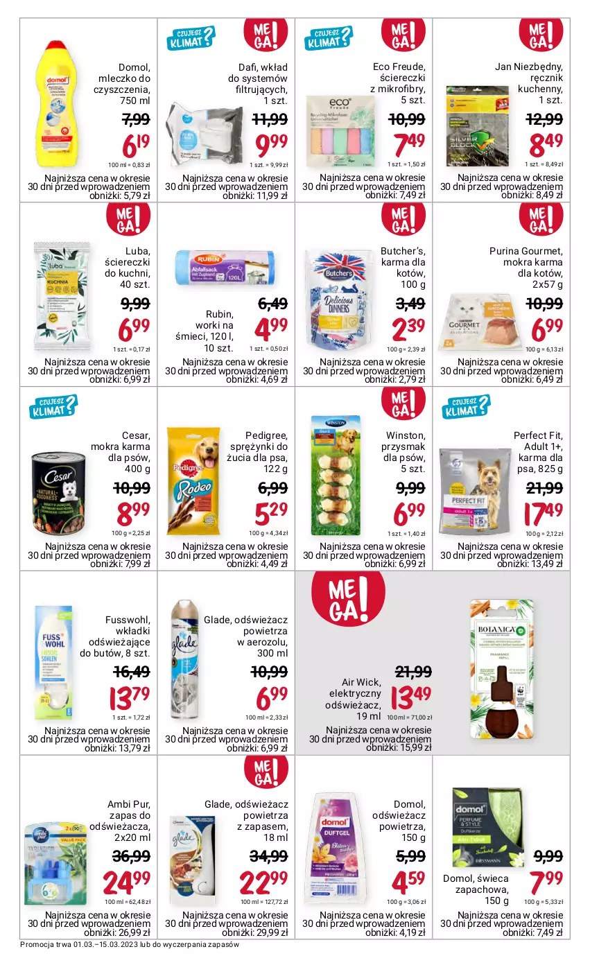 Gazetka promocyjna Rossmann - 1 marca - ważna 01.03 do 15.03.2023 - strona 4 - produkty: Air Wick, Ambi Pur, Domol, Jan Niezbędny, Mleczko, Mokra karma, Odświeżacz powietrza, Pedigree, Pur, Purina, Ręcznik, Ręcznik kuchenny, Rubin, Winston, Wkładki, Worki na śmiec, Worki na śmieci