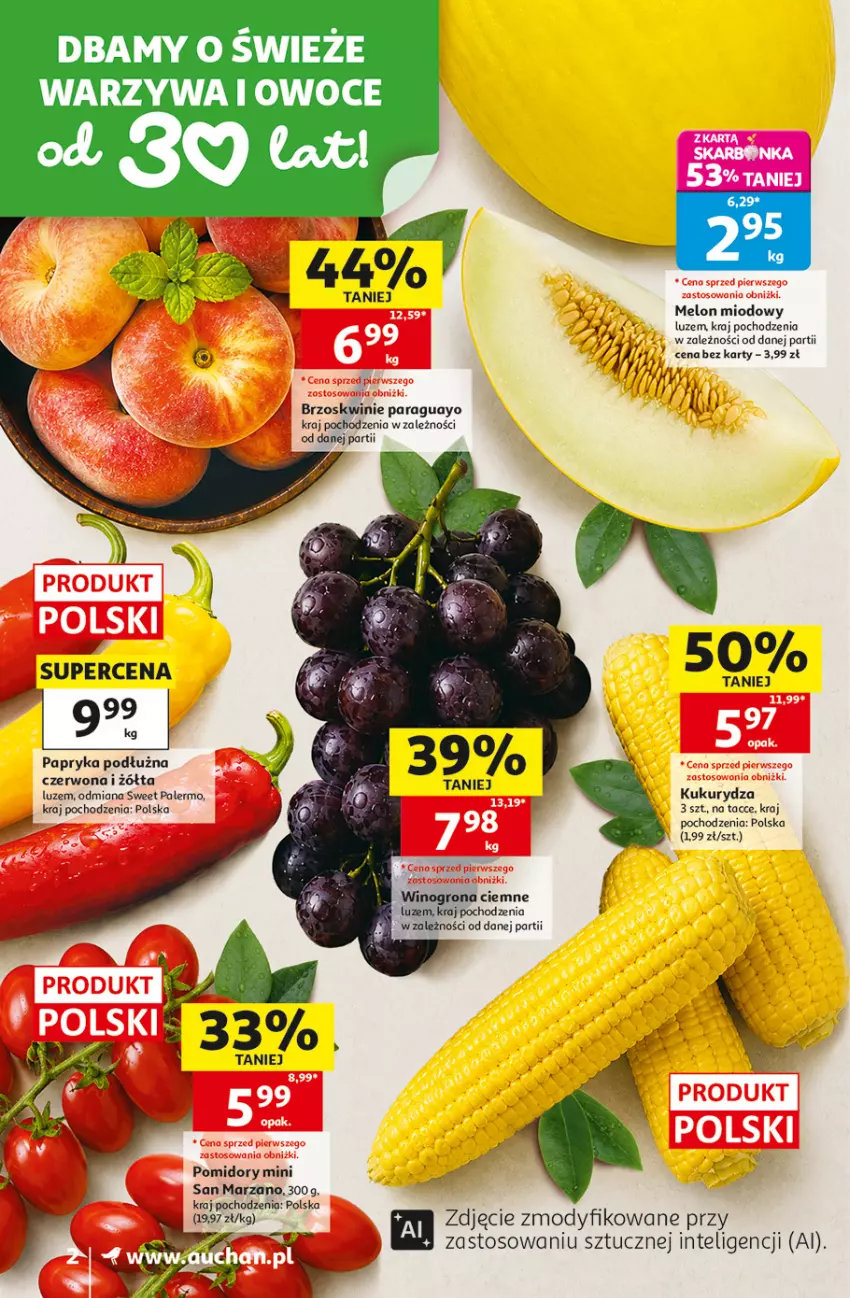 Gazetka promocyjna Auchan - Gazetka 30 Lat Supermarket Auchan - ważna 20.08 do 26.08.2026 - strona 2 - produkty: Brzoskwinie, Intel, Kukurydza, Melon, Owoce, Papryka, Papryka podłużna, Pomidory, Warzywa, Warzywa i owoce, Wino, Winogrona
