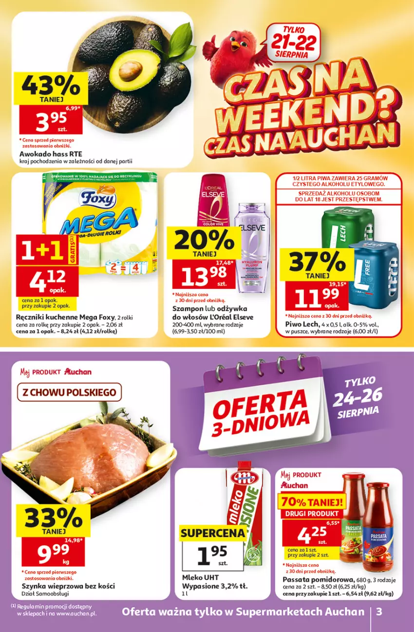 Gazetka promocyjna Auchan - Gazetka 30 Lat Supermarket Auchan - ważna 20.08 do 26.08.2026 - strona 3 - produkty: Elseve, Foxy, Mleko, Odżywka, Piwo, Ręcznik, Rolki, Szampon, Szynka, Szynka wieprzowa