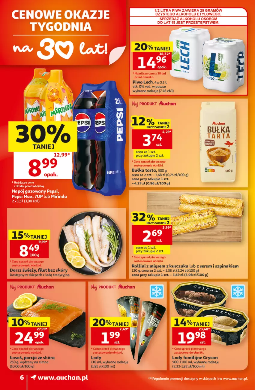 Gazetka promocyjna Auchan - Gazetka 30 Lat Supermarket Auchan - ważna 20.08 do 26.08.2026 - strona 6 - produkty: Bułka, Bułka tarta, Dorsz, Fa, Gry, Kurczak, Lody, Piwo, Por, Ser, Szpinak, Tarta
