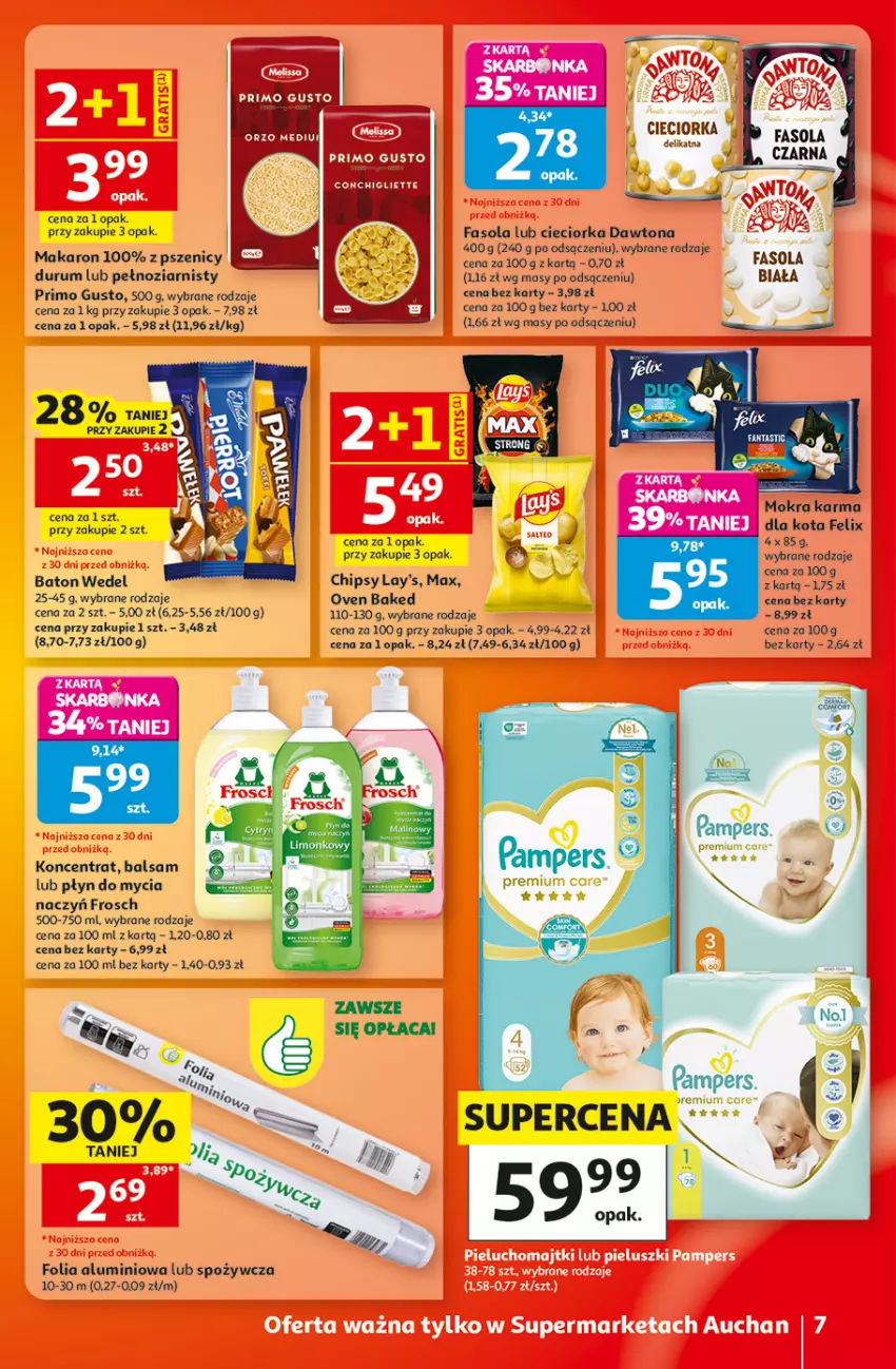 Gazetka promocyjna Auchan - Gazetka 30 Lat Supermarket Auchan - ważna 20.08 do 26.08.2026 - strona 7 - produkty: Baton, Chipsy, Cieciorka, Dawtona, Fa, Fasola, Felix, Folia aluminiowa, Frosch, Makaron, Mokra karma, Orka, Pampers, Płyn do mycia, Por, Rum