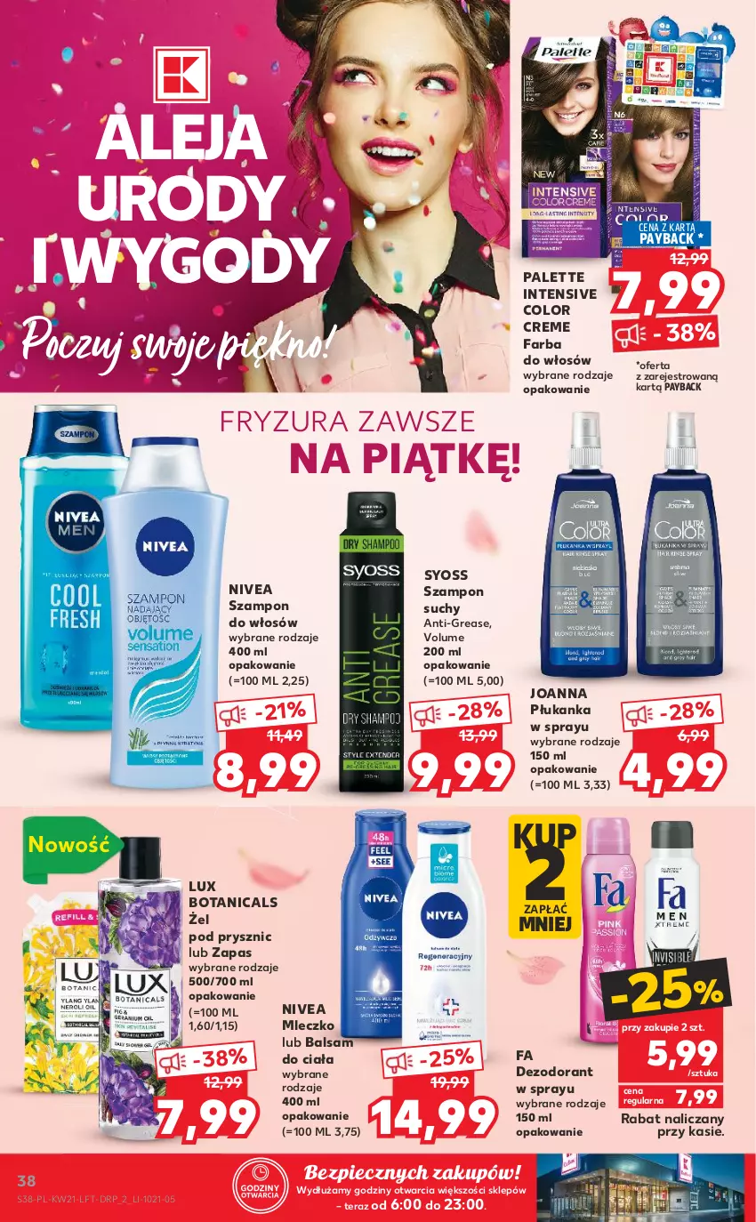 Gazetka promocyjna Kaufland - OFERTA TYGODNIA - ważna 27.05 do 01.06.2021 - strona 38 - produkty: Balsam do ciała, Color Creme, Dezodorant, Fa, Farba do włosów, Joanna, Mleczko, Nivea, Palette, Piec, Syoss, Szampon, Tera