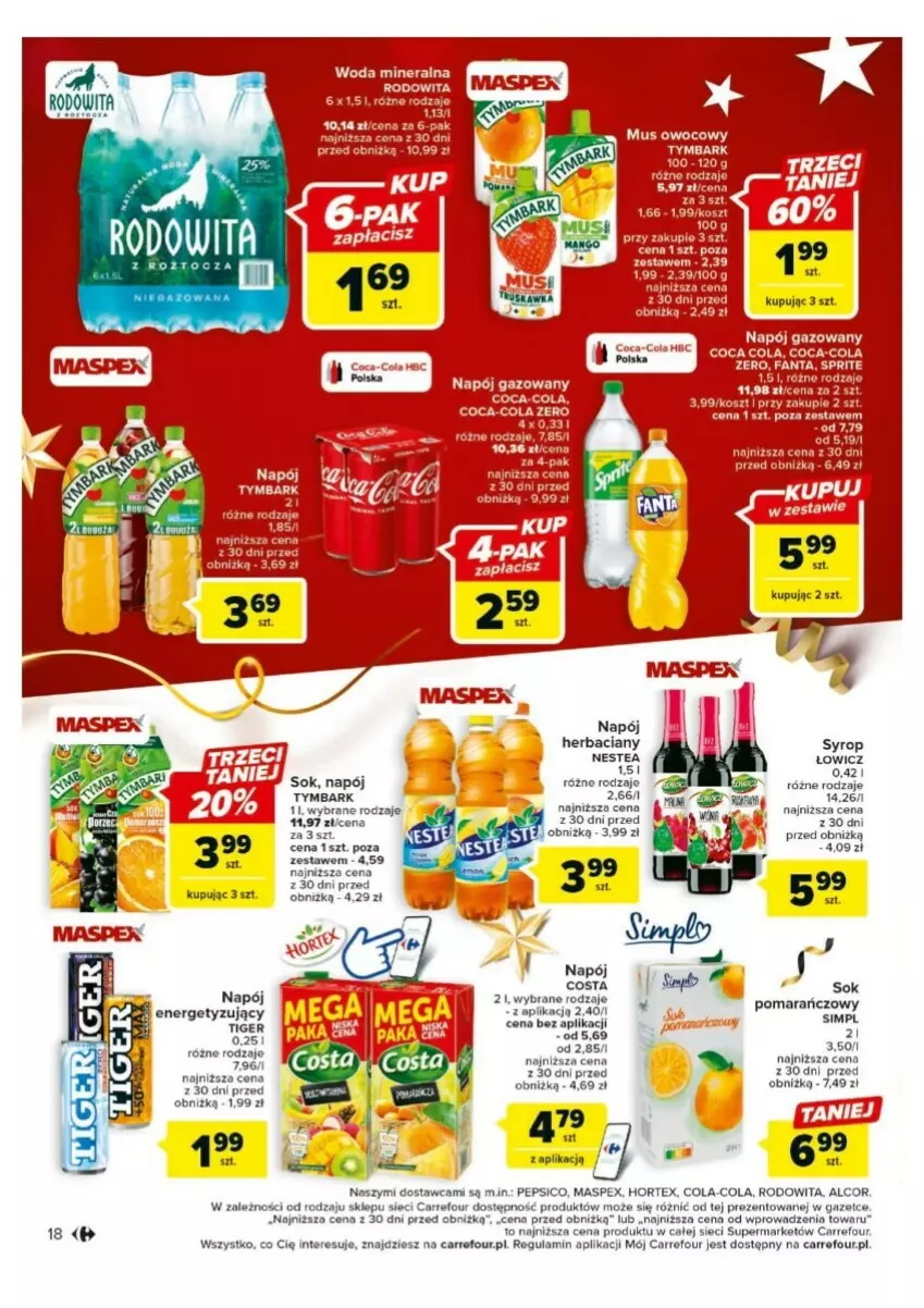 Gazetka promocyjna Carrefour - ważna 18.12 do 23.12.2023 - strona 10 - produkty: Coca-Cola, Fa, Fanta, Hortex, Kosz, Mus, Napój, Napój gazowany, Nestea, Pepsi, Sok, Sprite, Syrop, Tiger, Tymbark, Woda, Woda mineralna