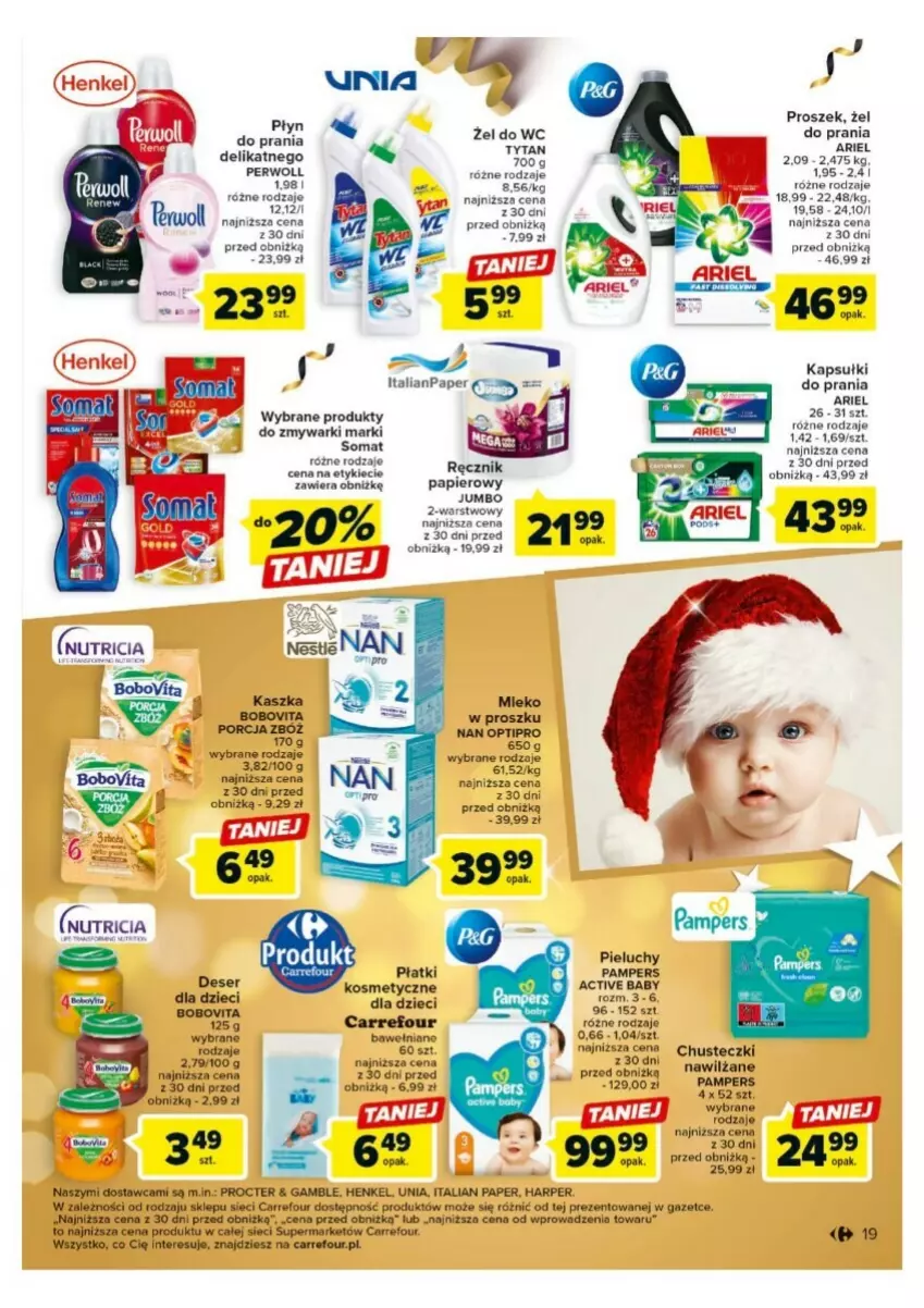 Gazetka promocyjna Carrefour - ważna 18.12 do 23.12.2023 - strona 11 - produkty: Ariel, BoboVita, Chusteczki, Dzieci, Kapsułki do prania, NAN Optipro, Pampers, Papier, Perwoll, Pieluchy, Por, Ręcznik, Ser, Somat, Zmywarki