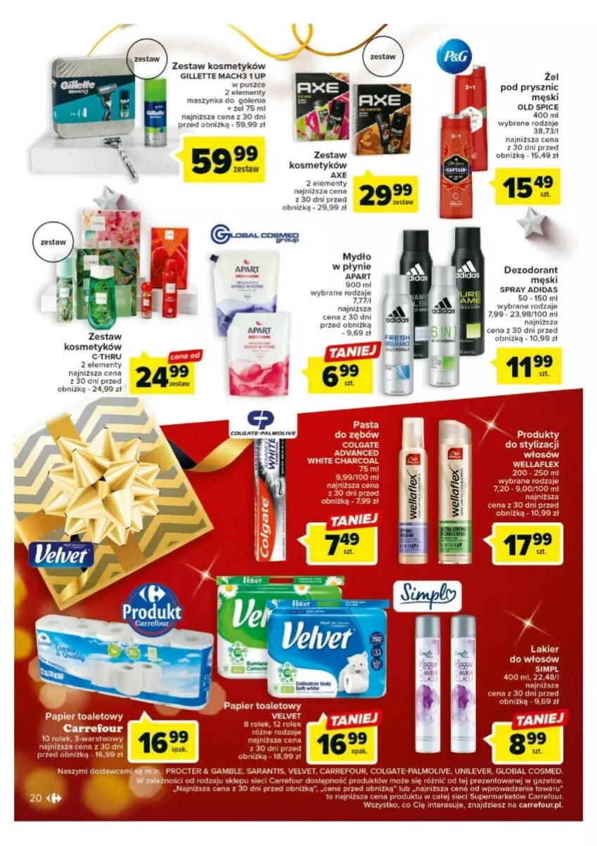 Gazetka promocyjna Carrefour - ważna 18.12 do 23.12.2023 - strona 13 - produkty: Adidas, C-Thru, Dezodorant, Gillette, Lakier, Mach3, Maszynka, Maszynka do golenia, Mydło, Old Spice, Papier, Papier toaletowy, Szynka, Wella, Wellaflex