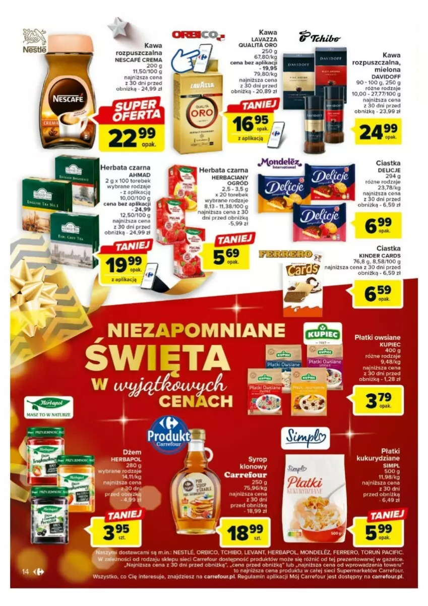 Gazetka promocyjna Carrefour - ważna 18.12 do 23.12.2023 - strona 6 - produkty: Ciastka, Davidoff, Dżem, Herbata, Herbata czarna, Kawa, Kawa rozpuszczalna, Kinder, Kupiec, Lavazza, Piec, Płatki owsiane, Por, Syrop