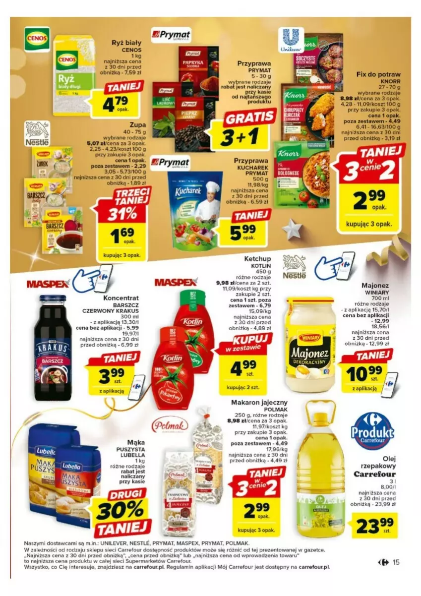 Gazetka promocyjna Carrefour - ważna 18.12 do 23.12.2023 - strona 7 - produkty: Bell, Bella, Cenos, Fa, Ketchup, Kosz, Kotlin, Krakus, Kucharek, Lubella, Majonez, Mąka, Makaron, Olej, Olej rzepakowy, Olma, Prymat, Winiary