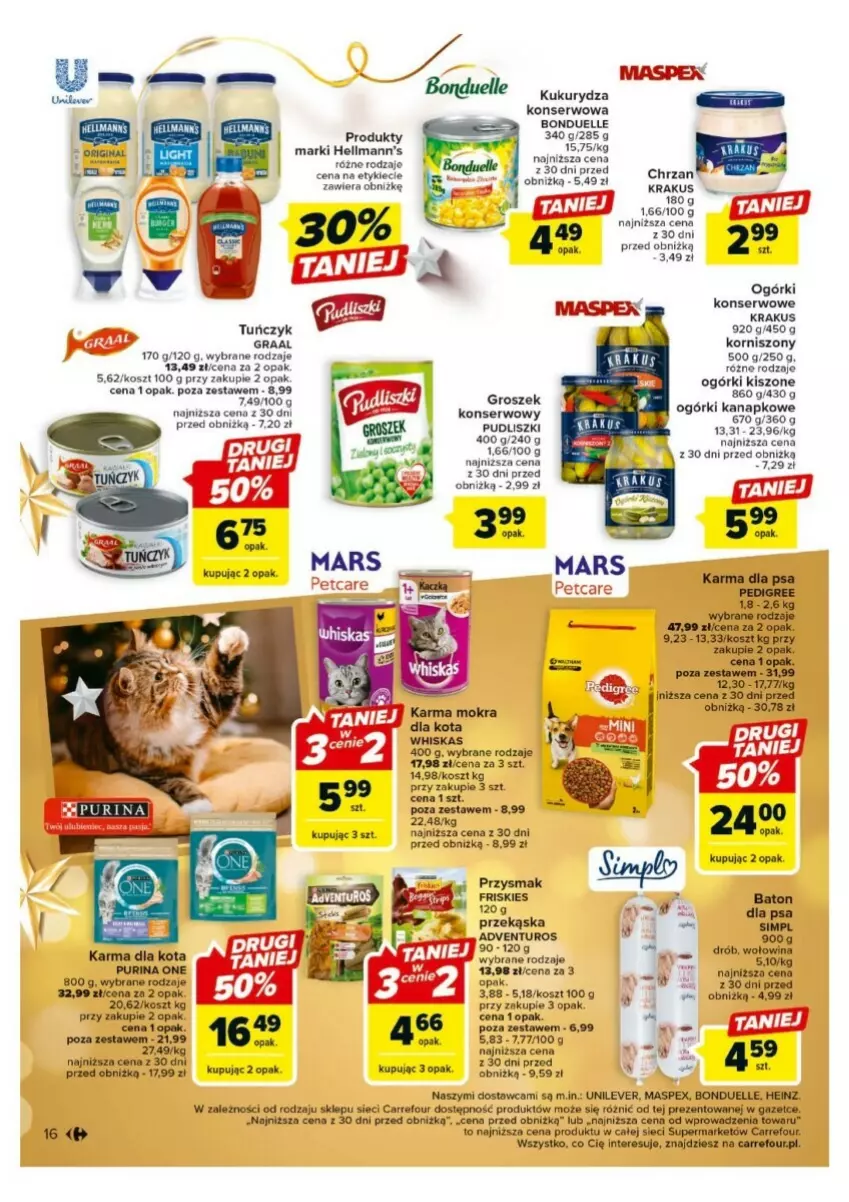 Gazetka promocyjna Carrefour - ważna 18.12 do 23.12.2023 - strona 8 - produkty: Adventuros, Baton, Bonduelle, Chrzan, Drób, Friskies, Gra, Graal, Groszek, Heinz, Korniszony, Kosz, Krakus, Kukurydza, Mars, Pedigree, Pudliszki, Pur, Purina, Ser, Tuńczyk, Whiskas, Wołowina