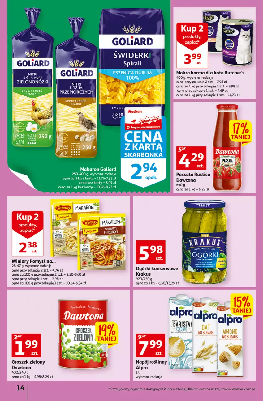 Gazetka promocyjna Auchan - Szkoła oszczędzania Temat PrzeAtrakcje cenowe Hipermarkety - ważna 18.08 do 24.08.2022 - strona 14 - produkty: Alpro, Butcher's, Dawtona, Goliard, Groszek, Krakus, Makaron, Mokra karma, Napój, Ogórki konserwowe, Rum, Rust, Ser, Winiary