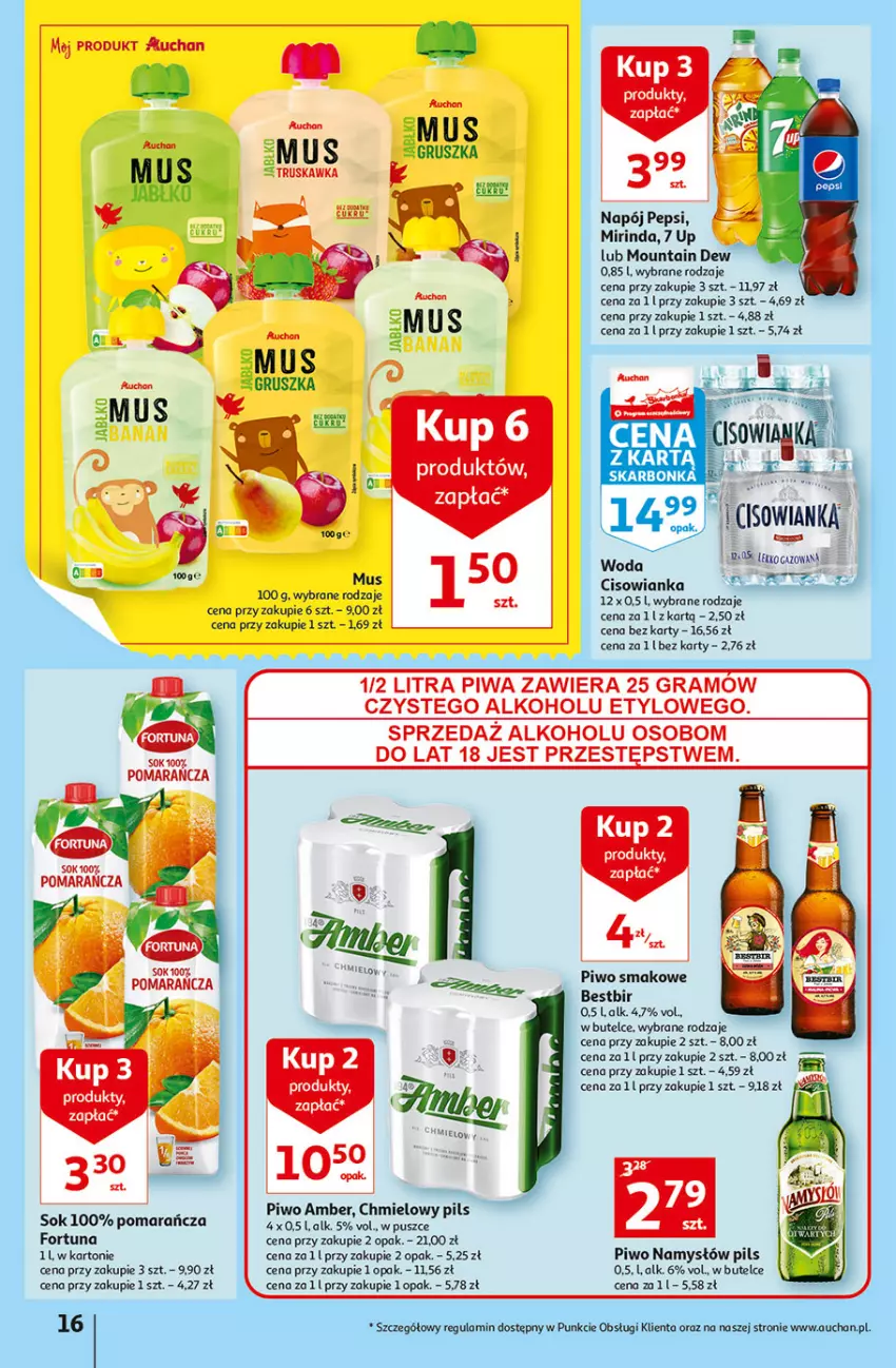 Gazetka promocyjna Auchan - Szkoła oszczędzania Temat PrzeAtrakcje cenowe Hipermarkety - ważna 18.08 do 24.08.2022 - strona 16 - produkty: Cisowianka, Fortuna, Gra, Mirinda, Namysłów, Napój, Pepsi, Piwa, Piwo, Sok, Woda