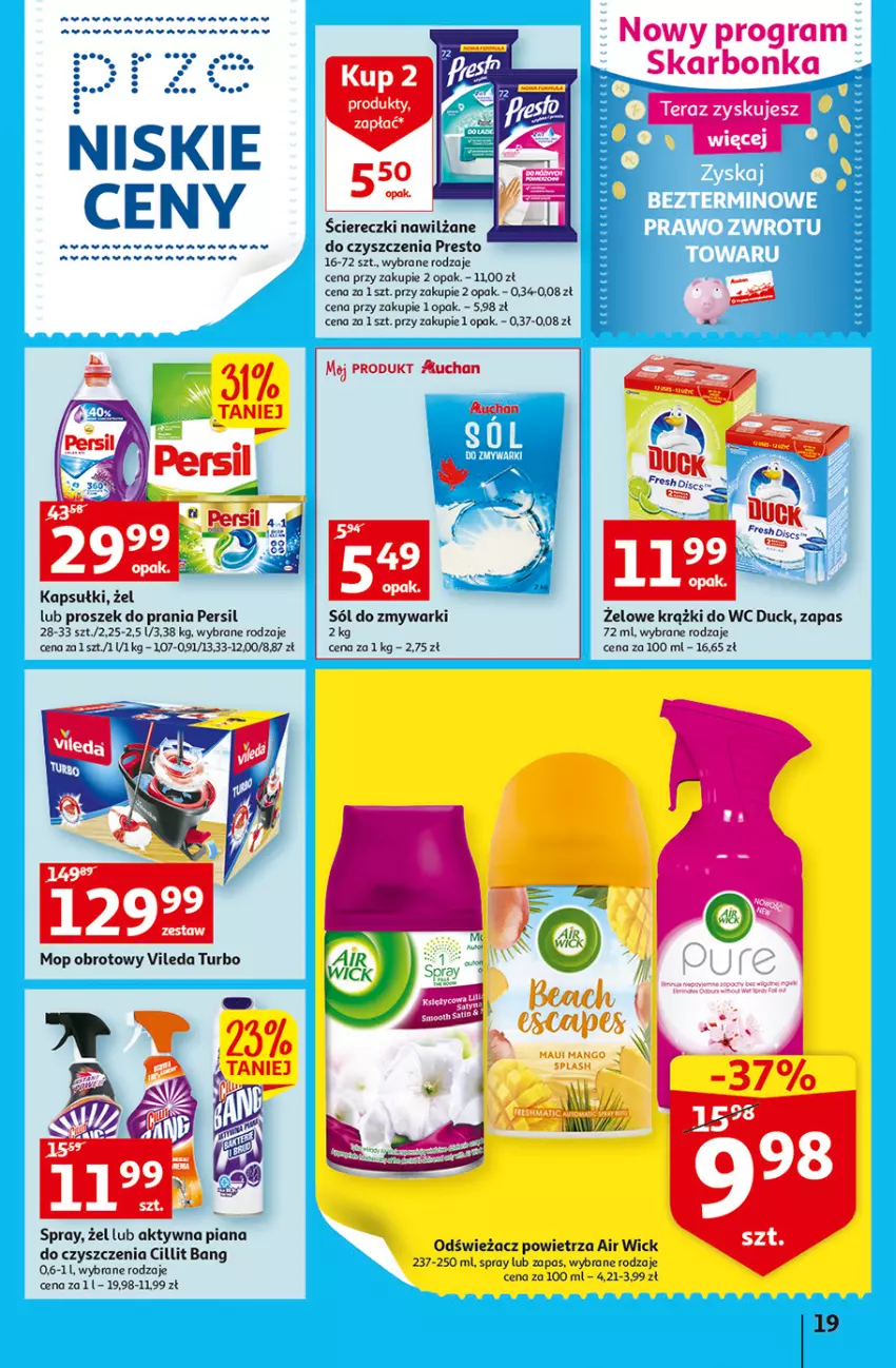 Gazetka promocyjna Auchan - Szkoła oszczędzania Temat PrzeAtrakcje cenowe Hipermarkety - ważna 18.08 do 24.08.2022 - strona 19 - produkty: Air Wick, Cillit Bang, Duck, Gra, Mop, Odświeżacz powietrza, Persil, Presto, Proszek do prania, Ryż, Sól, Vileda, Zmywarki