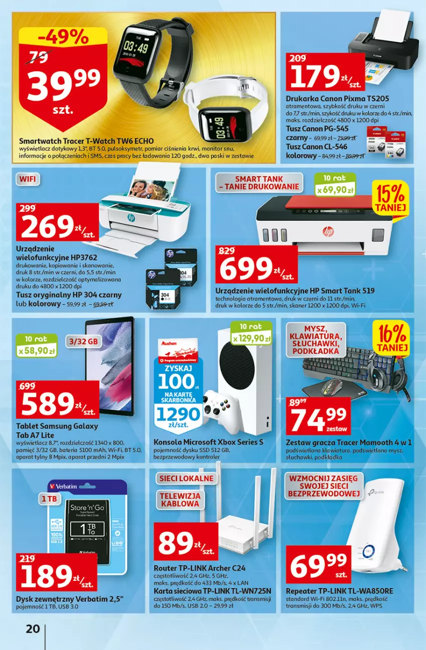 Gazetka promocyjna Auchan - Szkoła oszczędzania Temat PrzeAtrakcje cenowe Hipermarkety - ważna 18.08 do 24.08.2022 - strona 20 - produkty: Acer, Bateria, Canon, Drukarka, Gala, Gin, Gra, HP, Klawiatura, Konsola, Kontroler, LANA, Monitor, Mysz, Podkład, Podkładka, Pulsoksymetr, Router, Ser, Skaner, Słuchawki, Smartwatch, Sok, Tablet, TP-Link, Tran, Tusz, Urządzenie wielofunkcyjne, Xbox