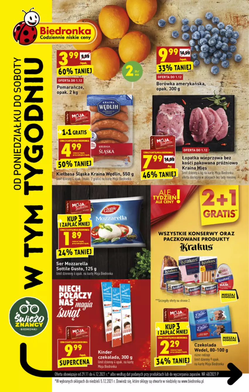 Gazetka promocyjna Biedronka - W tym tygodniu - ważna 29.11 do 04.12.2021 - strona 1 - produkty: Borówka, Borówka amerykańska, Czekolada, Dron, Kiełbasa, Kiełbasa śląska, Krakus, Mozzarella, Ser