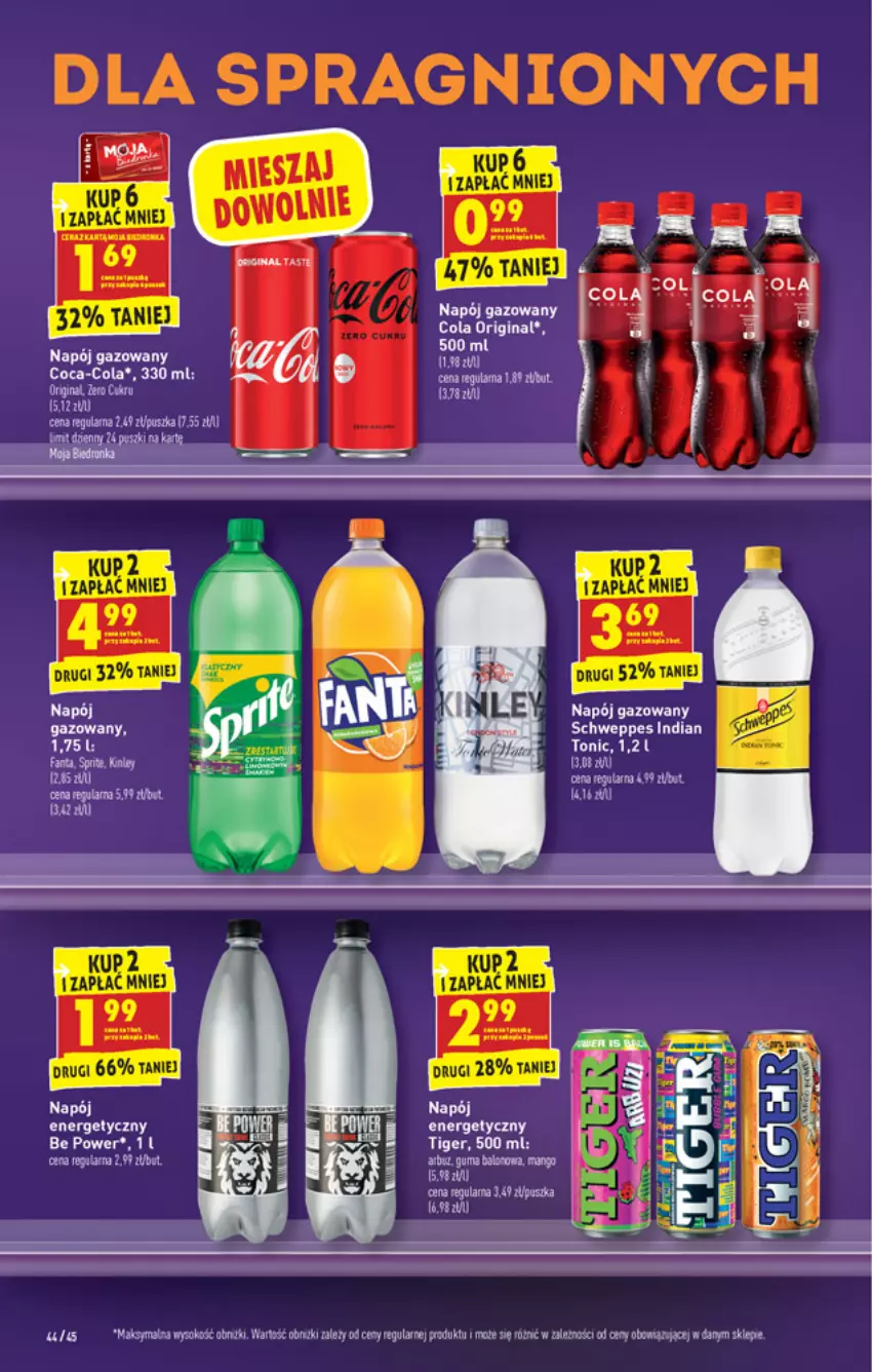 Gazetka promocyjna Biedronka - W tym tygodniu - ważna 29.11 do 04.12.2021 - strona 44 - produkty: Coca-Cola, Fa, Fanta, Gin, Napój, Napój energetyczny, Napój gazowany, Schweppes, Sprite, Tiger