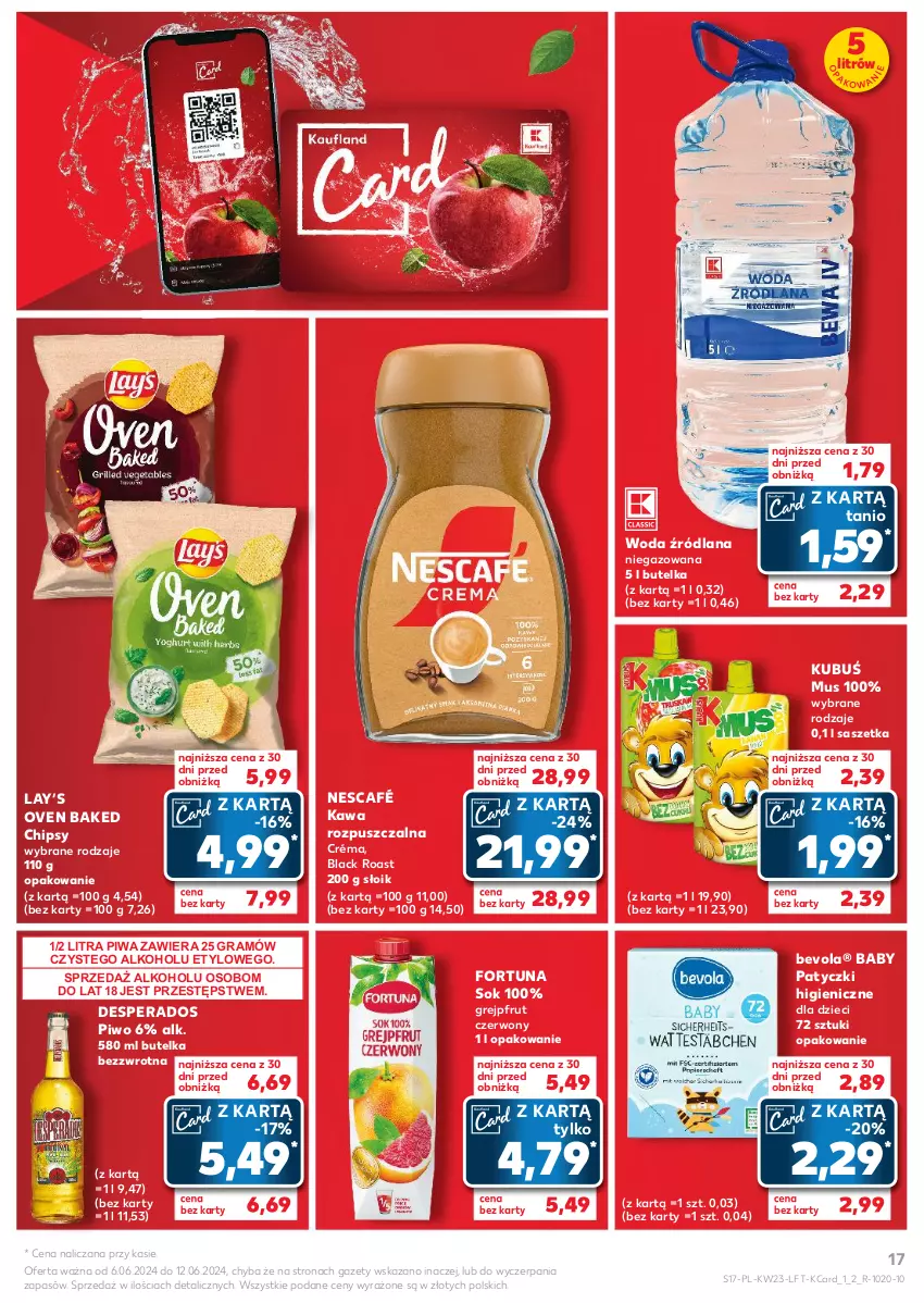 Gazetka promocyjna Kaufland - Gazetka tygodnia - ważna 06.06 do 12.06.2024 - strona 17 - produkty: Chipsy, Desperados, Dzieci, Fortuna, Gra, Grejpfrut, Kawa, Kawa rozpuszczalna, Kubuś, Lack, LANA, Lay’s, Mus, Nescafé, Piwa, Piwo, Sok, Woda