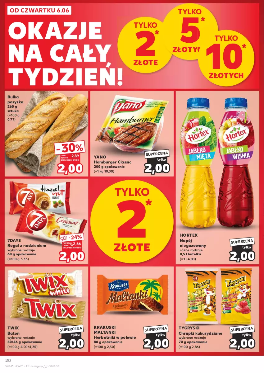 Gazetka promocyjna Kaufland - Gazetka tygodnia - ważna 06.06 do 12.06.2024 - strona 20 - produkty: Baton, Bułka, Burger, Chrupki, Gry, Hamburger, Herbatniki, Hortex, Krakus, Krakuski, Napój, Napój niegazowany, Rogal, Twix