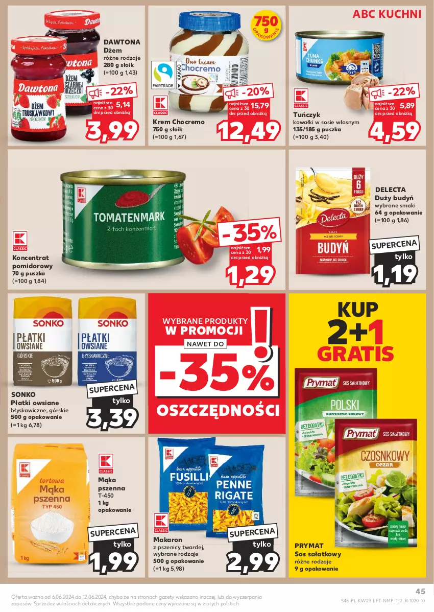 Gazetka promocyjna Kaufland - Gazetka tygodnia - ważna 06.06 do 12.06.2024 - strona 45 - produkty: Budyń, Dawtona, Delecta, Dżem, Gra, Kawa, Koncentrat pomidorowy, Mąka, Mąka pszenna, Makaron, Płatki owsiane, Prymat, Sałat, Sonko, Sos, Tuńczyk