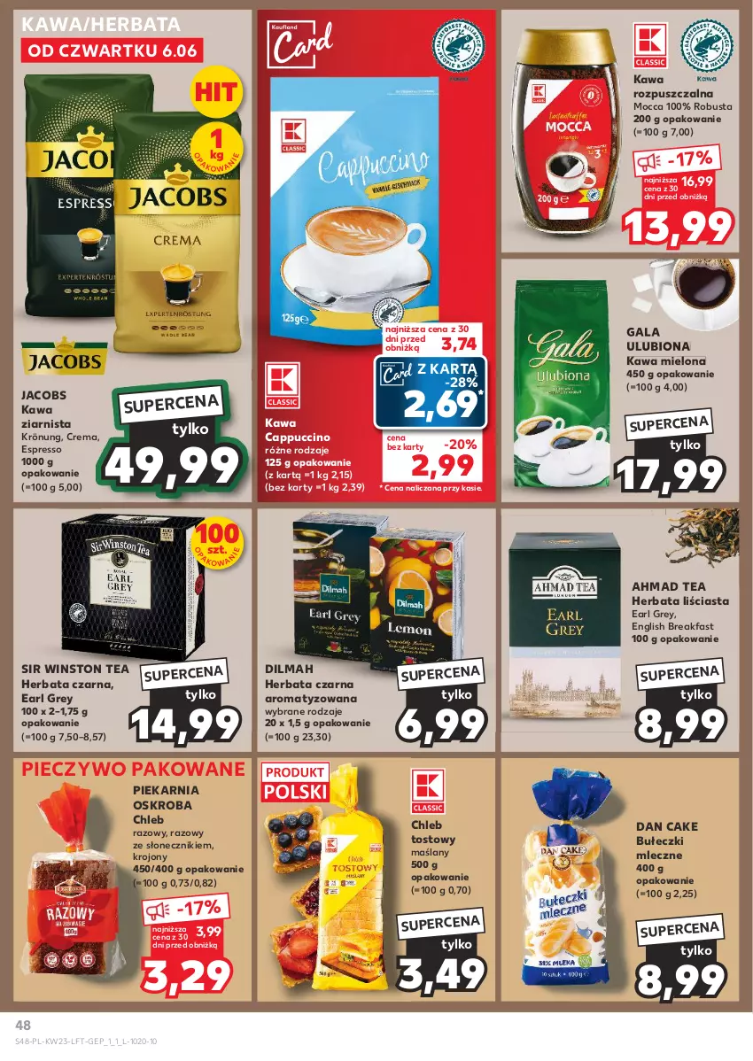 Gazetka promocyjna Kaufland - Gazetka tygodnia - ważna 06.06 do 12.06.2024 - strona 48 - produkty: Bułeczki, Bułeczki mleczne, Cappuccino, Chleb, Chleb tostowy, Dan Cake, Dilmah, Earl Grey, Fa, Gala, Herbata, Herbata czarna, Jacobs, Kawa, Kawa mielona, Kawa rozpuszczalna, Kawa ziarnista, Piec, Pieczywo, Winston