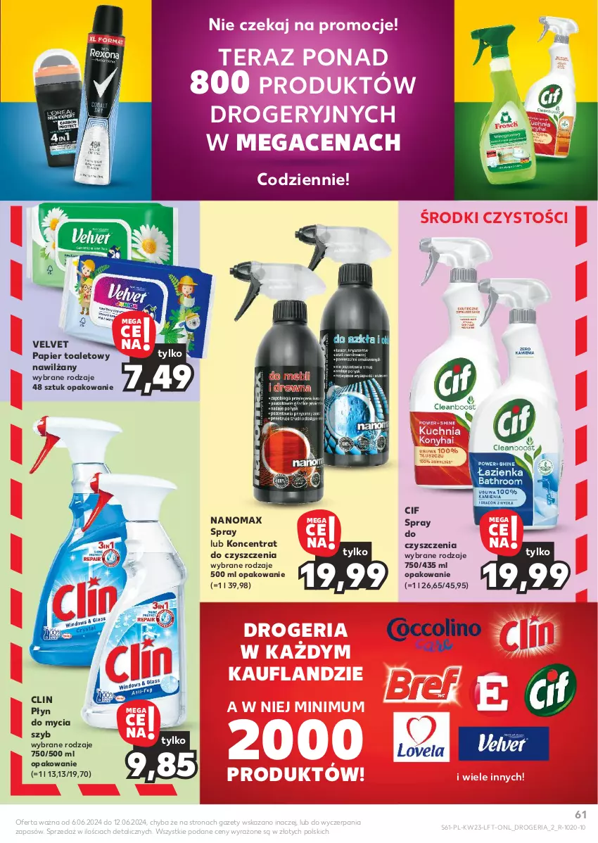 Gazetka promocyjna Kaufland - Gazetka tygodnia - ważna 06.06 do 12.06.2024 - strona 61 - produkty: Cif, Clin, Nanomax, Papier, Papier toaletowy, Płyn do mycia, Spray do czyszczenia, Tera, Velvet