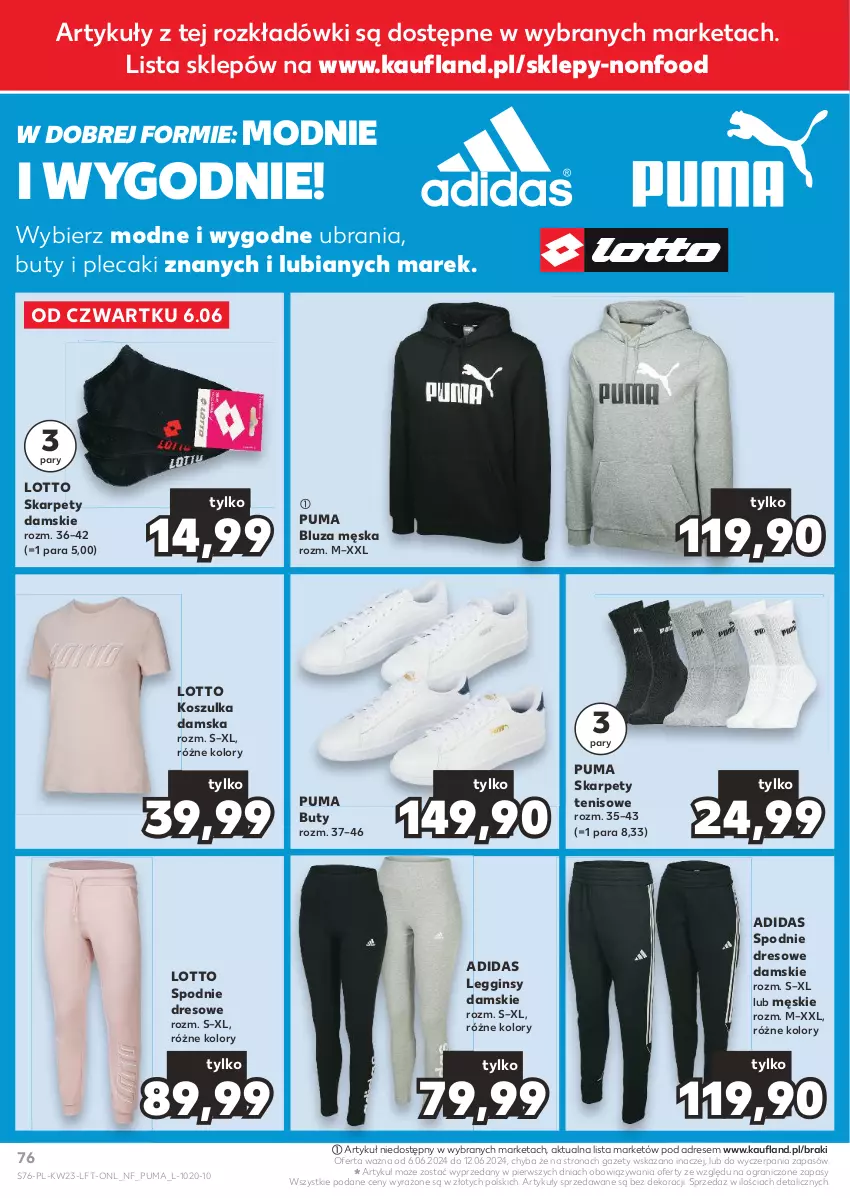 Gazetka promocyjna Kaufland - Gazetka tygodnia - ważna 06.06 do 12.06.2024 - strona 76 - produkty: Adidas, Bluza, Buty, Dres, Gin, Gra, Karp, Kosz, Koszulka, Legginsy, Plecak, Puma, Spodnie, Spodnie dresowe, Ubrania