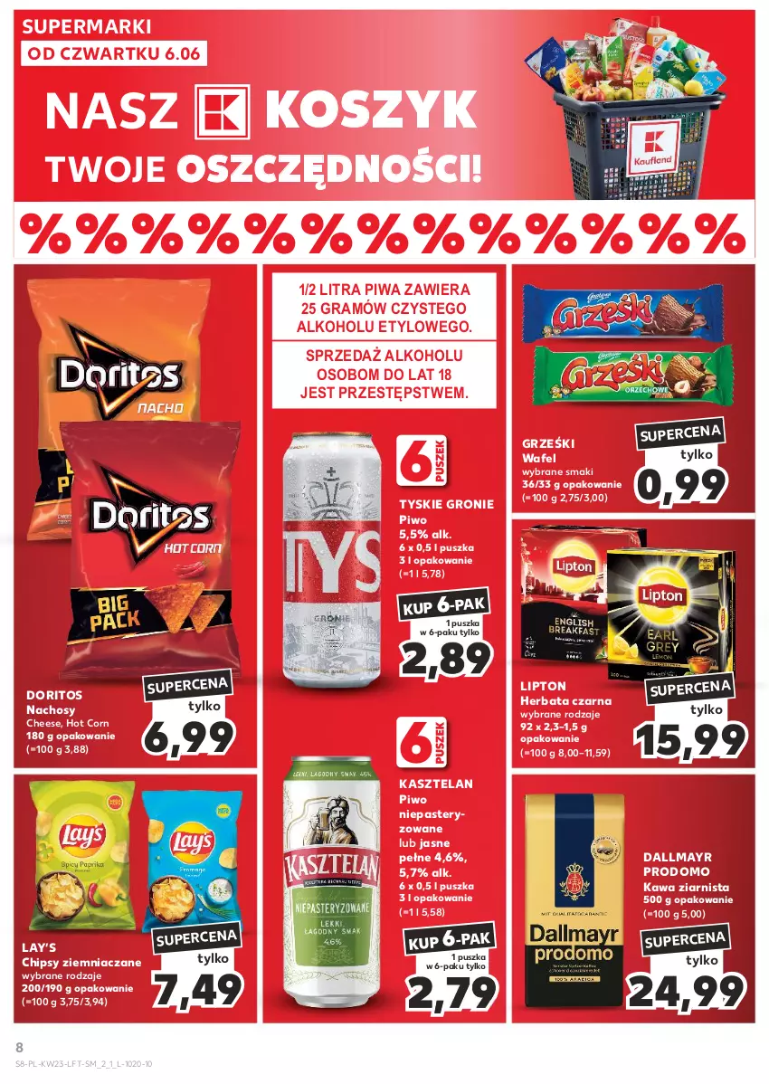 Gazetka promocyjna Kaufland - Gazetka tygodnia - ważna 06.06 do 12.06.2024 - strona 8 - produkty: Chipsy, Dallmayr, Gra, Grześki, Herbata, Herbata czarna, Kasztelan, Kawa, Kawa ziarnista, Kosz, Lay’s, Lipton, Piwa, Piwo, Tyskie