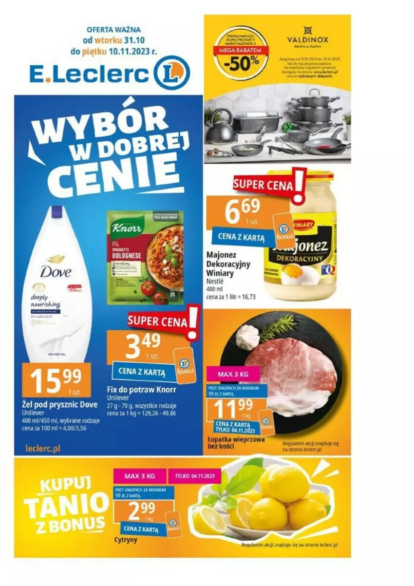 Gazetka promocyjna E Leclerc - ważna 31.10 do 10.11.2023 - strona 1 - produkty: Cytryny, Dove, Knorr, Majonez, Winiary