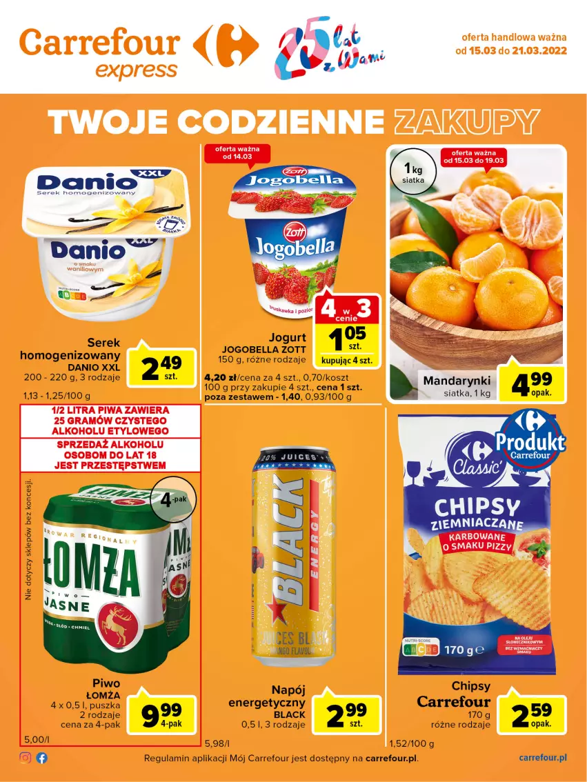 Gazetka promocyjna Carrefour - Gazetka Express - ważna 15.03 do 21.03.2022 - strona 2 - produkty: Bell, Bella, Chipsy, Danio, Jogobella, Jogurt, Kosz, Lack, Mandarynki, Napój, Ser, Serek, Serek homogenizowany, Siatka, Zott