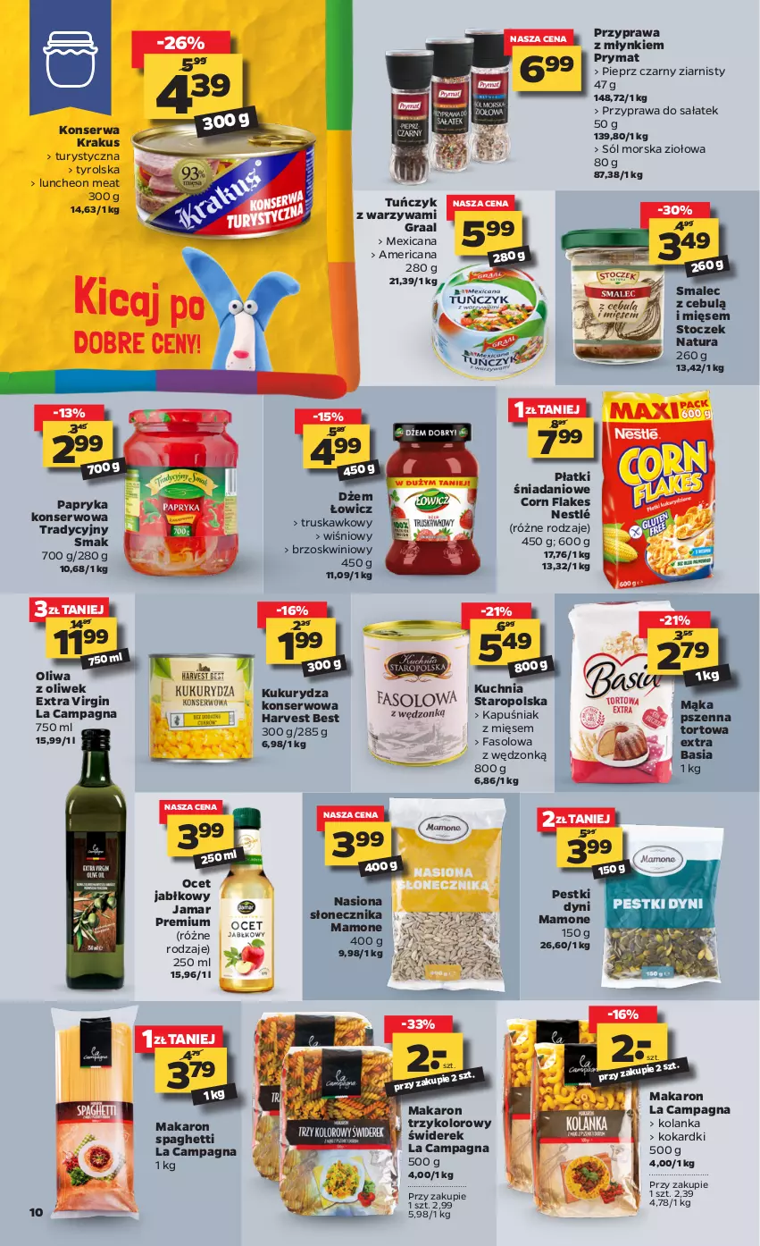 Gazetka promocyjna Netto - Gazetka spożywcza - ważna 26.04 do 30.04.2021 - strona 10 - produkty: Basia, Corn flakes, Danio, Dżem, Fa, Gin, Gra, Graal, Krakus, Kuchnia, Kuchnia Staropolska, Kukurydza, Kukurydza konserwowa, Mąka, Mąka pszenna, Makaron, Nestlé, Ocet, Oliwa z oliwek, Papryka, Pestki dyni, Pieprz, Prymat, Sałat, Ser, Smalec, Sól, Spaghetti, Tuńczyk, Warzywa