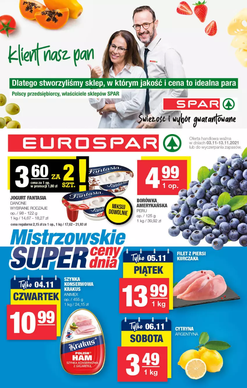 Gazetka promocyjna Spar - ważna 02.11 do 12.11.2021 - strona 1 - produkty: Borówka, Danone, Fa, Fanta, Gala, Jogurt, Szynka