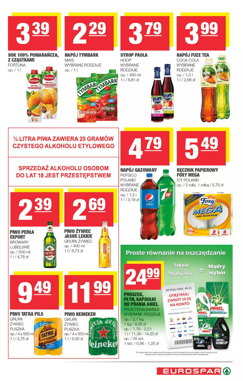 Gazetka promocyjna Spar - ważna 02.11 do 12.11.2021 - strona 13 - produkty: Coca-Cola, Fortuna, Foxy, Heineken, Hoop, Napój, Paola, Papier, Pepsi, Perła, Piwo, Por, Ręcznik, Rolki, Sok, Syrop, Tatra, Tymbark