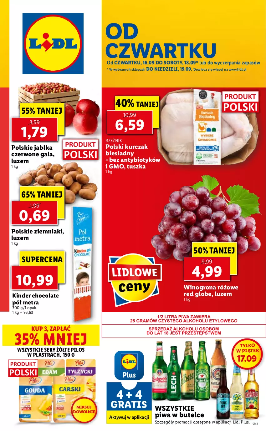 Gazetka promocyjna Lidl - GAZETKA - ważna 16.09 do 19.09.2021 - strona 1 - produkty: Gala, Gra, Jabłka, Kinder, Kurczak, Pilos, Piwa, Ser, Tusz, Wino, Winogrona, Ziemniaki