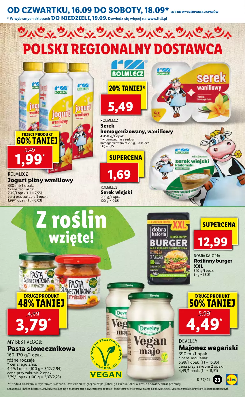 Gazetka promocyjna Lidl - GAZETKA - ważna 16.09 do 19.09.2021 - strona 23 - produkty: Burger, Jogurt, Jogurt pitny, Majonez, Por, Rolmlecz, Roślinny burger, Ser, Serek, Serek homogenizowany, Serek wiejski