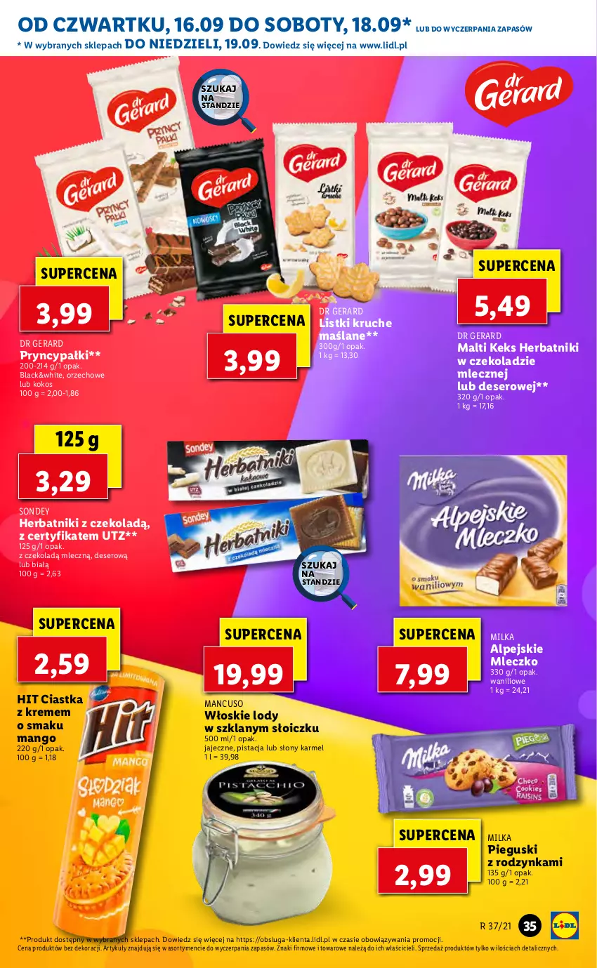 Gazetka promocyjna Lidl - GAZETKA - ważna 16.09 do 19.09.2021 - strona 35 - produkty: Ciastka, Deser, Dr Gerard, Herbatniki, Kokos, Lack, Lody, Mango, Milka, Mleczko, Ser