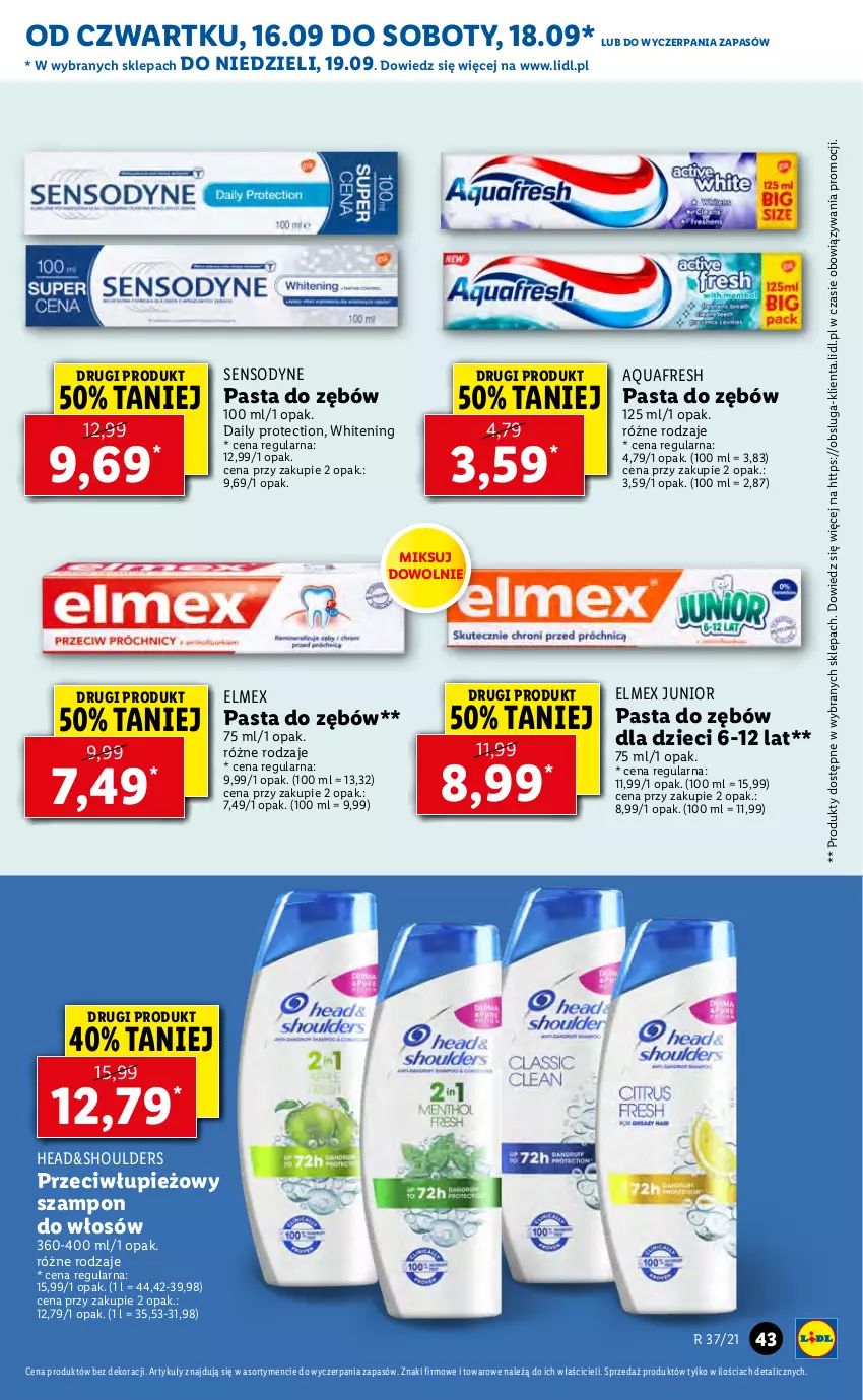 Gazetka promocyjna Lidl - GAZETKA - ważna 16.09 do 19.09.2021 - strona 43 - produkty: Aquafresh, Dzieci, Elmex, Pasta do zębów, Sensodyne, Szampon