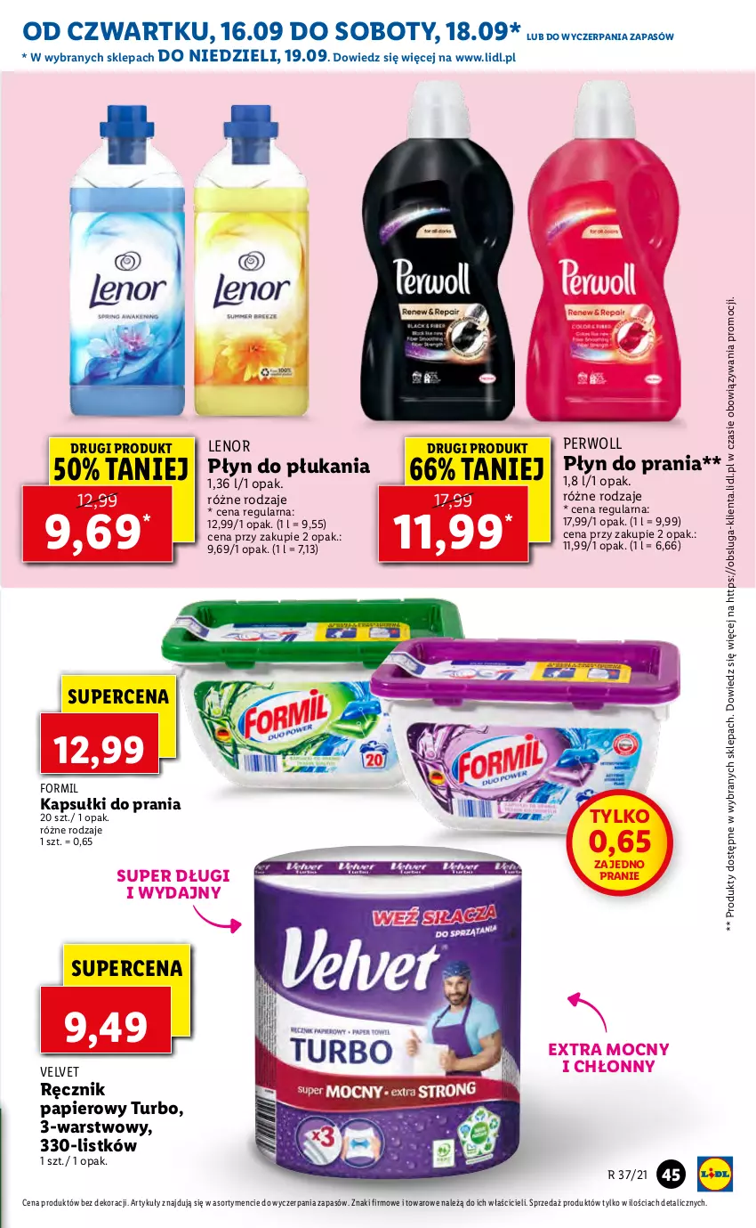 Gazetka promocyjna Lidl - GAZETKA - ważna 16.09 do 19.09.2021 - strona 45 - produkty: Kapsułki do prania, Lenor, Papier, Perwoll, Płyn do płukania, Płyn do prania, Ręcznik, Velvet