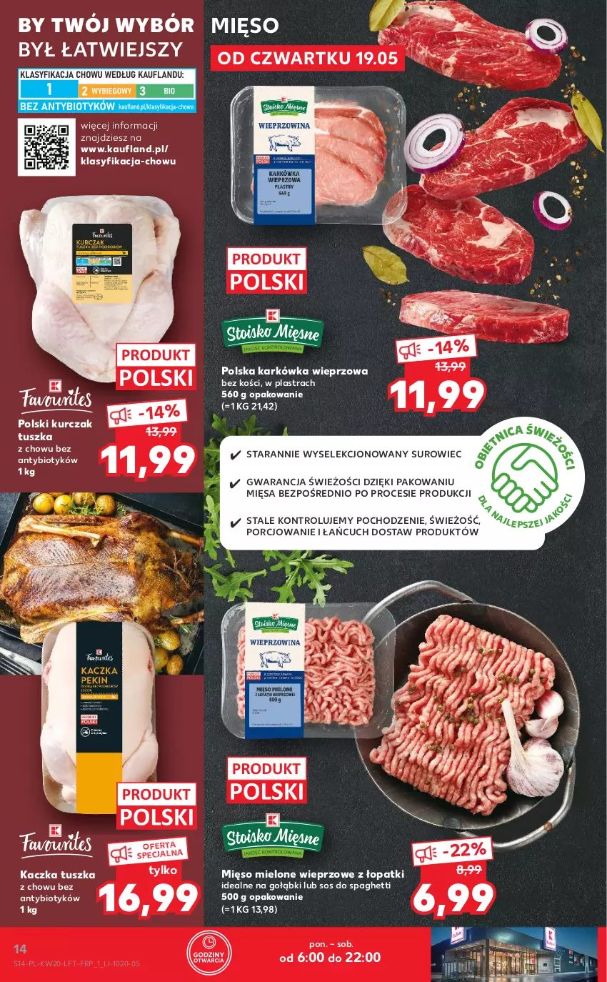 Gazetka promocyjna Kaufland - OFERTA TYGODNIA - ważna 19.05 do 25.05.2022 - strona 14 - produkty: Kaczka, Karkówka wieprzowa, Kurczak, Mięso, Mięso mielone, Por, Sos, Spaghetti, Tusz