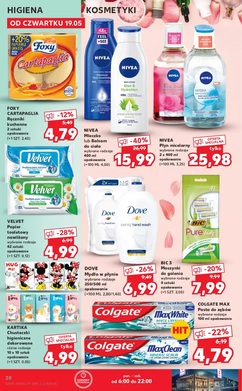 Gazetka promocyjna Kaufland - OFERTA TYGODNIA - ważna 19.05 do 25.05.2022 - strona 28 - produkty: Balsam do ciała, BIC, Chusteczki, Colgate, Dove, Foxy, LG, Mleczko, Mydło, Mydło w płynie, Nivea, Papier, Papier toaletowy, Pasta do zębów, Płyn micelarny, Ręcznik, Velvet