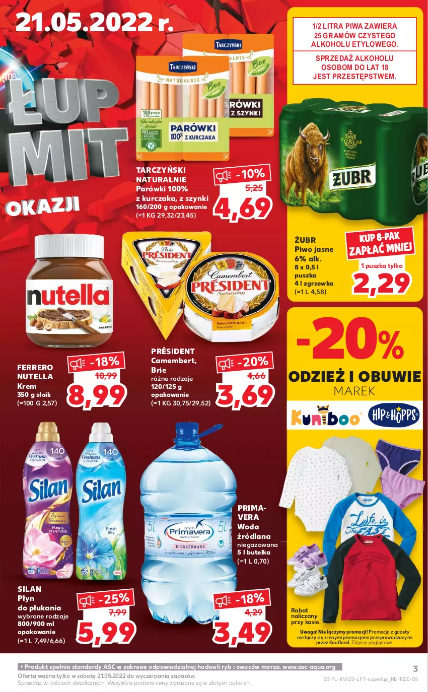 Gazetka promocyjna Kaufland - OFERTA TYGODNIA - ważna 19.05 do 25.05.2022 - strona 3 - produkty: Brie, Camembert, Ferrero, Gra, Kurczak, LANA, Nutella, Obuwie, Parówki, Piwa, Piwo, Piwo jasne, Płyn do płukania, Président, Prima, Primavera, Silan, Tarczyński, Waga, Woda