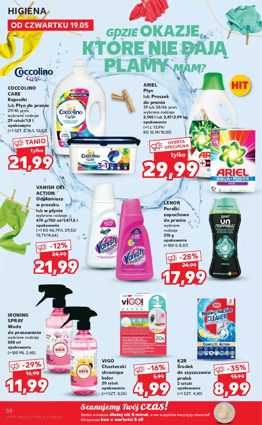 Gazetka promocyjna Kaufland - OFERTA TYGODNIA - ważna 19.05 do 25.05.2022 - strona 30 - produkty: Ariel, Chusteczki, Coccolino, K2, Lenor, Odplamiacz, Olej, Perełki zapachowe, Płyn do prania, Proszek do prania, Vanish, Woda