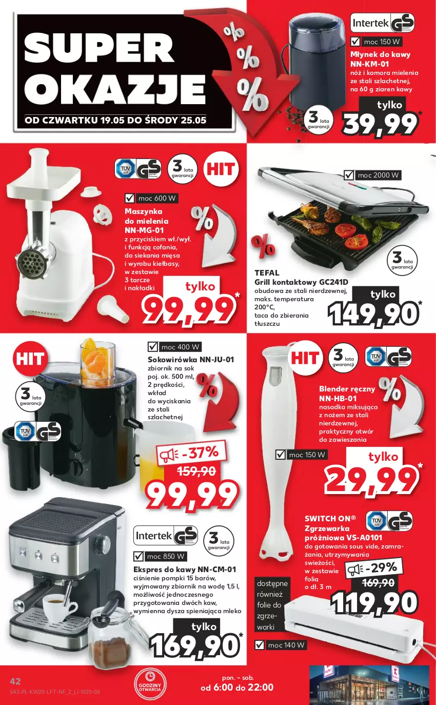 Gazetka promocyjna Kaufland - OFERTA TYGODNIA - ważna 19.05 do 25.05.2022 - strona 42 - produkty: Blender, Blender ręczny, Fa, Grill, Grill kontaktowy, Maszynka, Maszynka do mielenia, Mleko, Młynek, Młynek do kawy, Noż, Sok, Szynka, Taca, Tefal, Warka