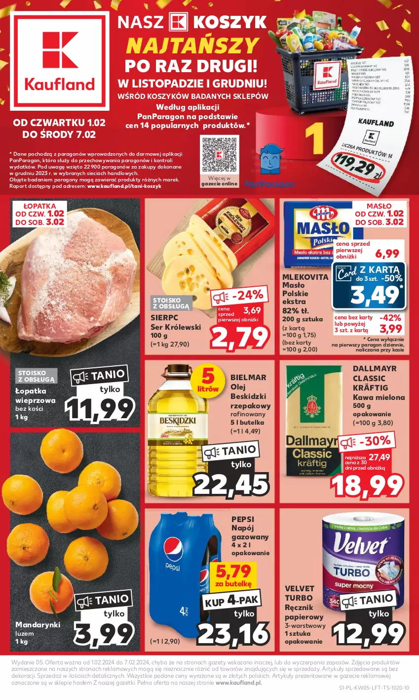 Gazetka promocyjna Kaufland - Gazetka tygodnia - ważna 01.02 do 07.02.2024 - strona 1 - produkty: Beskidzki, Dallmayr, Dres, Kawa, Kawa mielona, Kosz, Królewski, Mandarynki, Masło, Mleko, Mlekovita, Napój, Napój gazowany, Olej, Papier, Pepsi, Por, Ręcznik, Ser, Top, Velvet